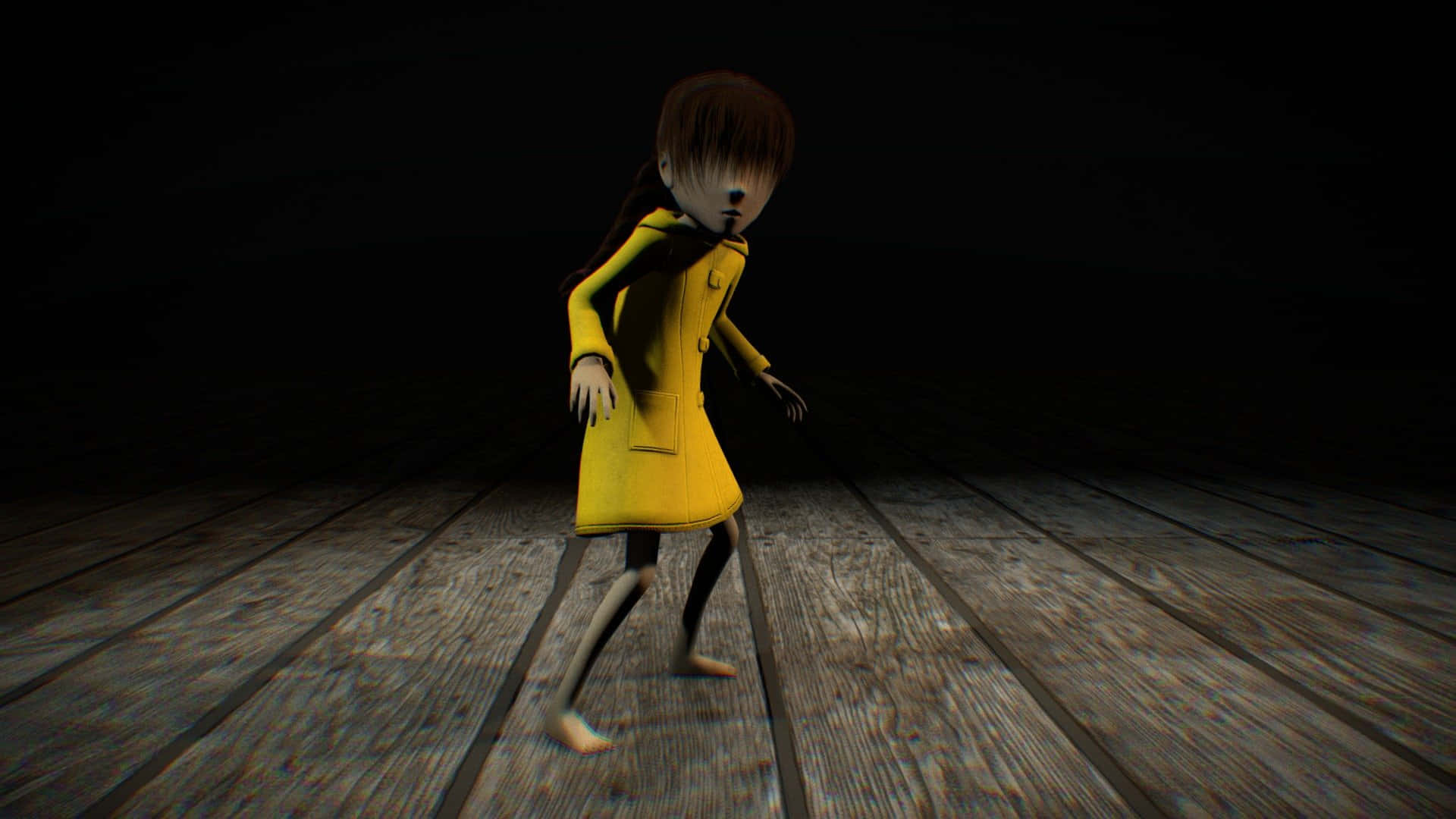 Yellow Raincoat 桌布 壁紙 — 一個蒼白的動畫女孩穿著亮黃色外套，赤腳走在昏暗的木地板上，背景為黑色。