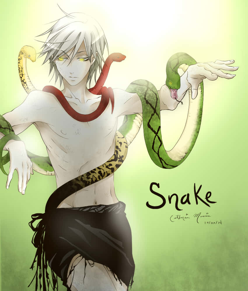 Black Butler Snake 桌布 壁紙 — 一個蒼白的動畫男孩，有著發光的黃色眼睛，被四條色彩繽紛的蛇包圍，背景是柔和的綠色漸變。