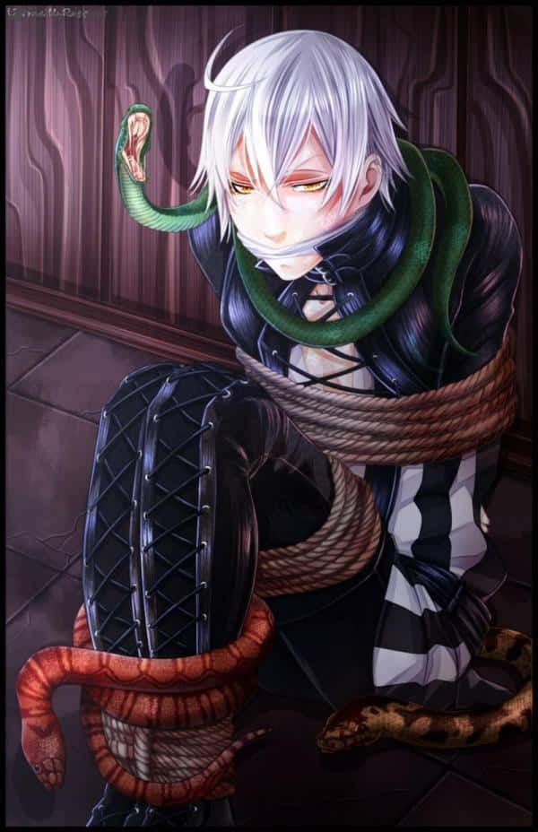 Black Butler Snake 桌布 壁紙 — 一個蒼白的動畫男孩，白髮黃眼，被繩索和蛇綁在黑暗的木房間裏。
