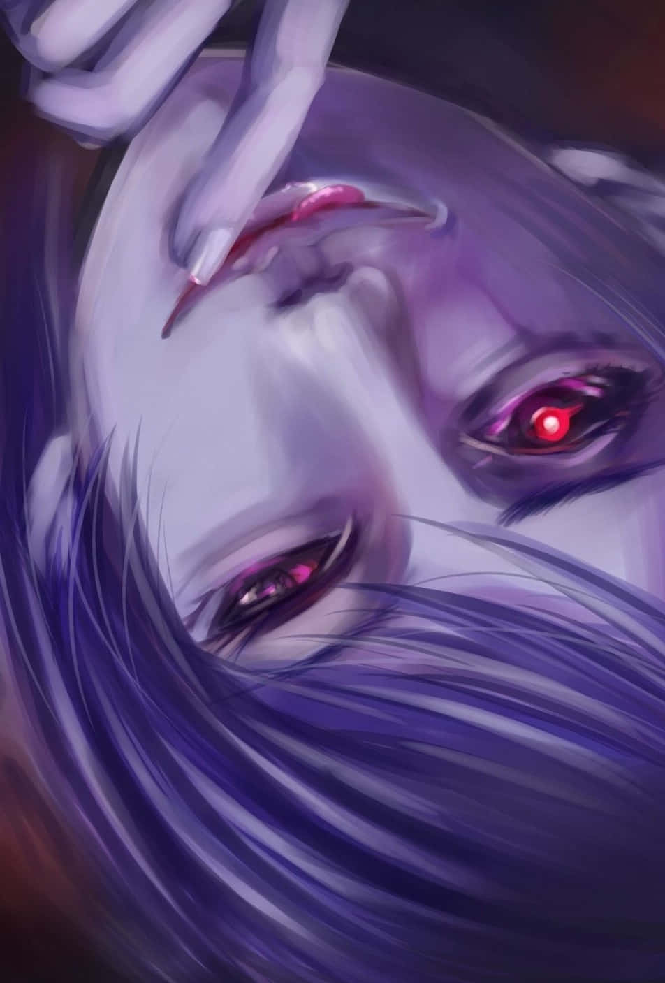 Shuu Tsukiyama 桌布 壁紙 — 一個蒼白角色嘅近距離動漫風格肖像，擁有發光紅眼同紫色頭髮，手靠近臉部。
