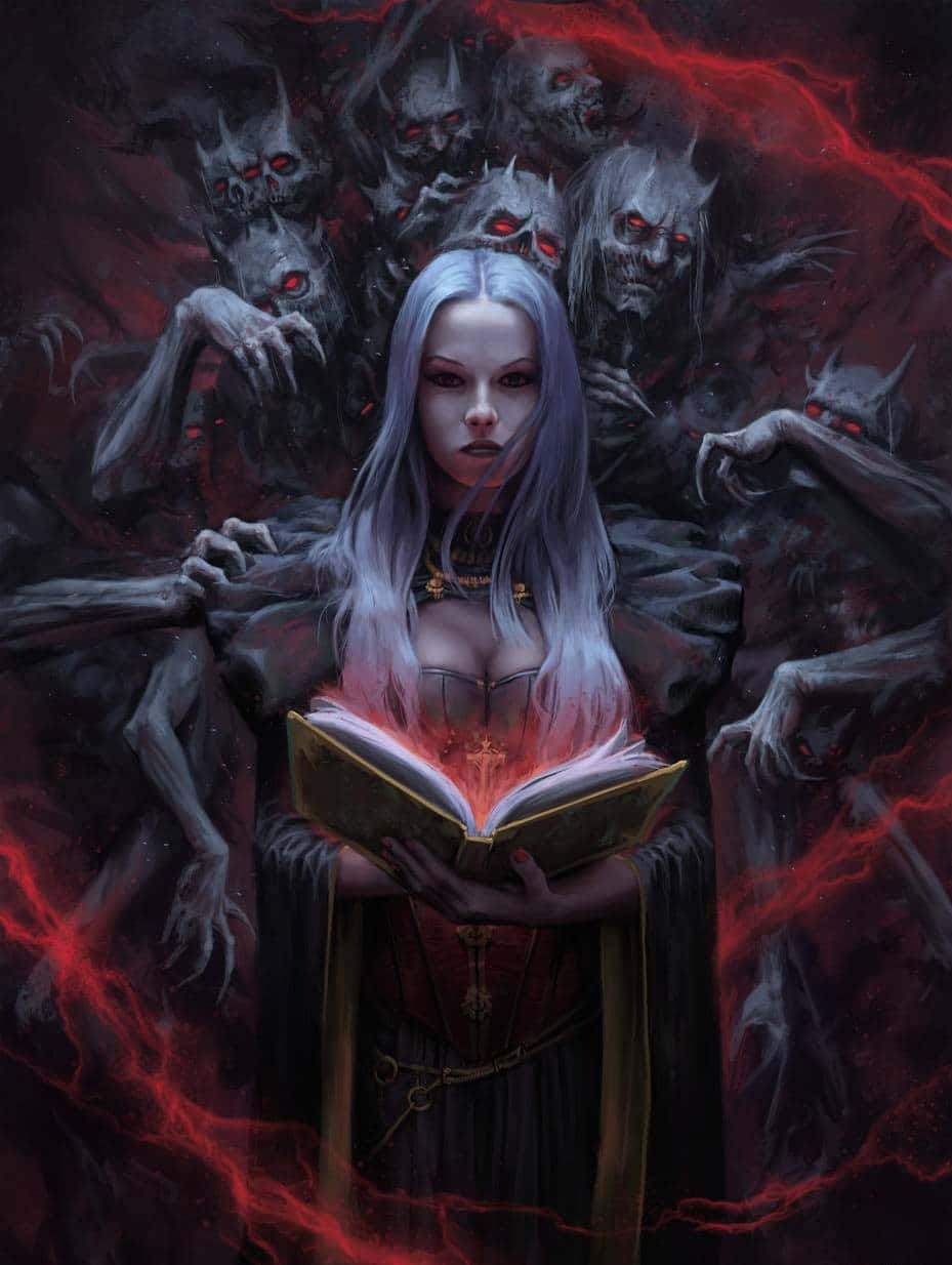 Evil Witch 桌布 壁紙 — 一個蒼白銀髮的女人手持一本發光的紅書，被紅眼陰影惡魔般的身影包圍在黑暗旋轉的漩渦中。