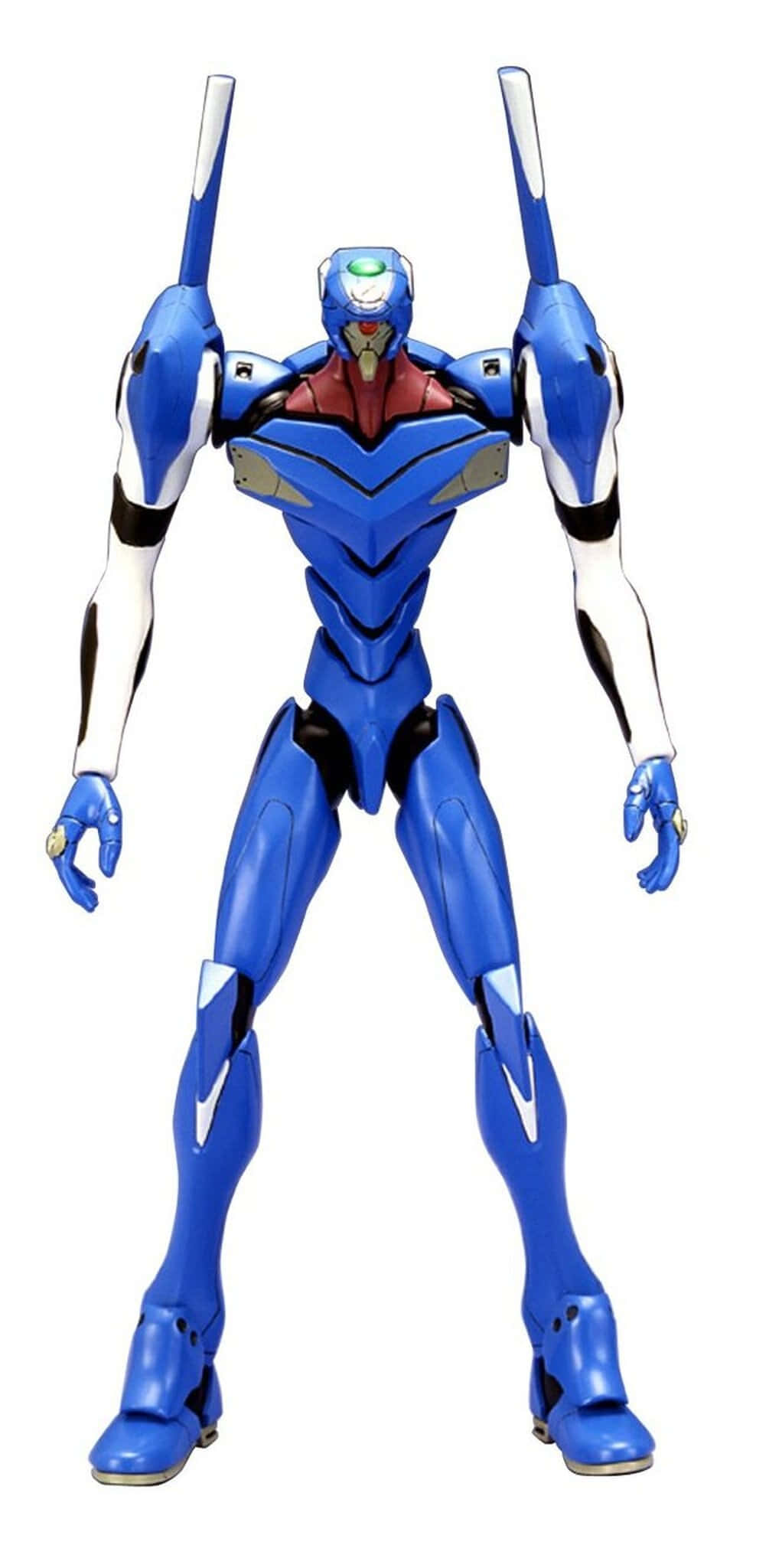 Eva-00 桌布 壁紙 — 一個藍白相間的人形機械人高舉雙臂，矗立在純白色背景前。