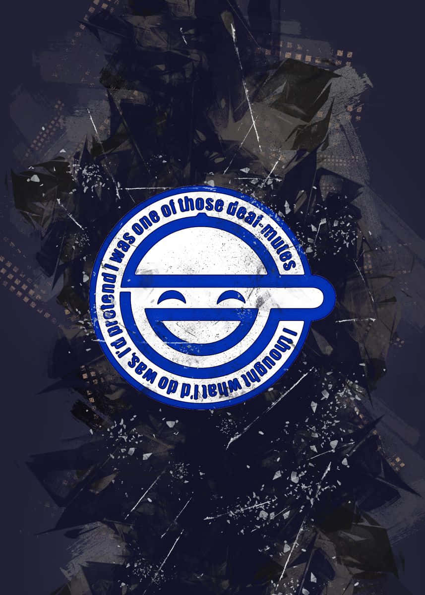 The Laughing Man 桌布 壁紙 — 一個藍白相間的圓形標誌，帶有笑臉和文字，被碎玻璃碎片包圍在深色背景上。