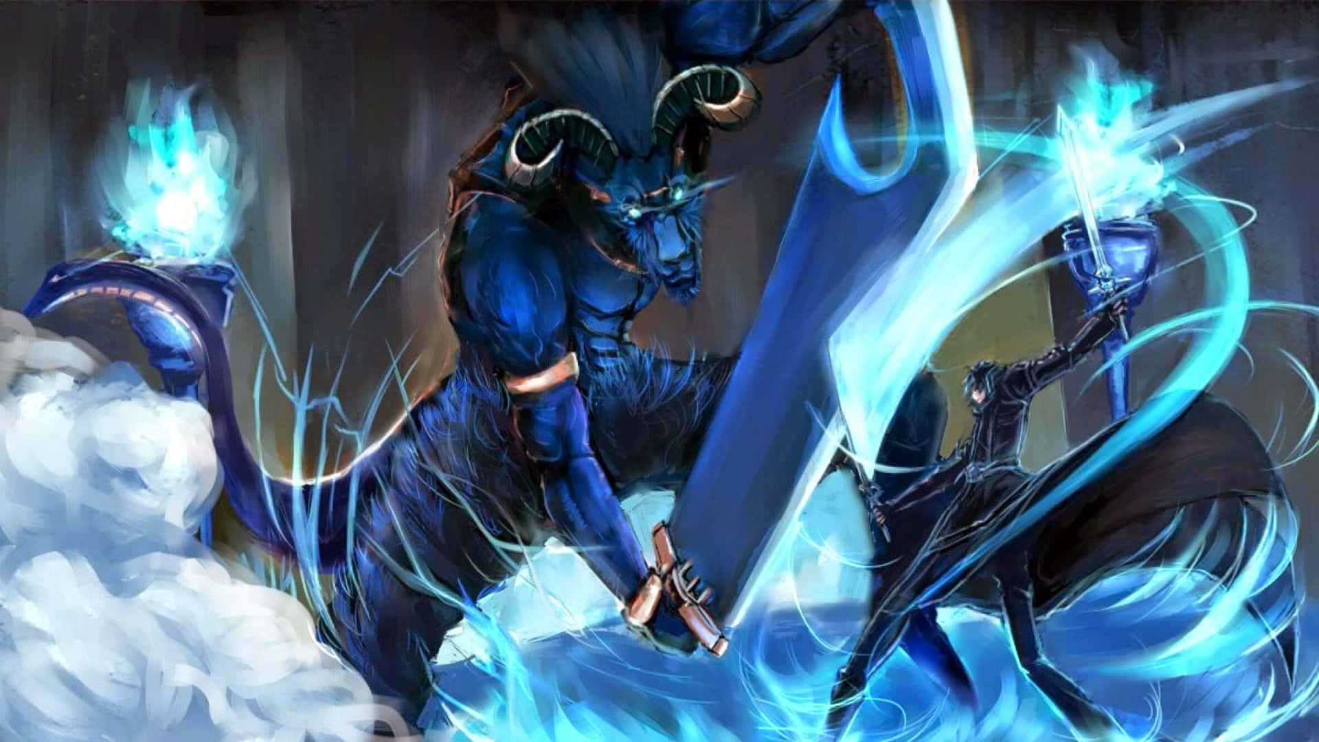 beast 桌布 壁紙 — 一個藍皮膚、有角的惡魔揮舞著發光的劍，對抗一個身穿黑衣的戰士，展開一場動態的奇幻戰鬥。