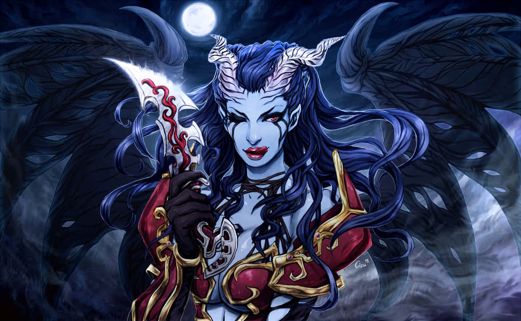 Queen Of Pain 桌布 壁紙 — 一個藍皮膚、有黑色翅膀和角的惡魔女子在滿月下揮舞著發光的劍。