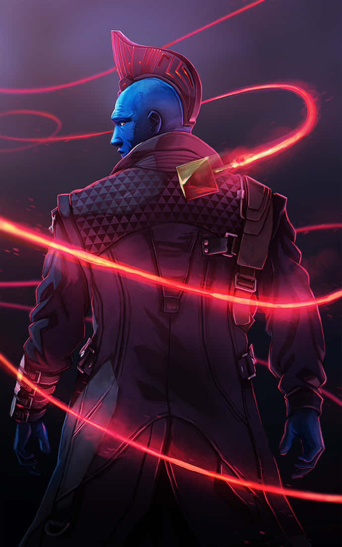 Yondu 桌布 壁紙 — 一個藍皮膚、梳著莫西干頭的超级英雄站在陰影中，發光的紅色能量軌跡在他周圍旋轉。
