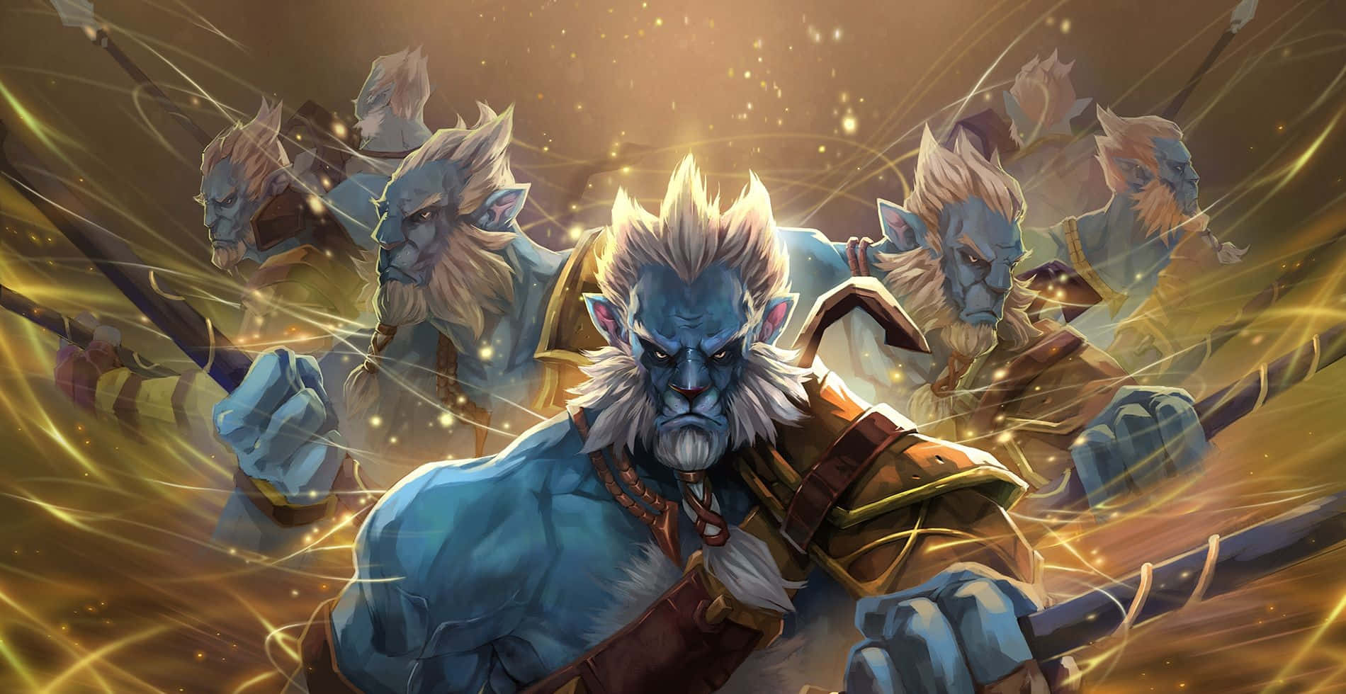 Dota 桌布 壁紙 — 一個藍皮膚、白頭髮和鬍子的戰士，在旋轉的金色能量和幽靈分身中揮舞著法杖。