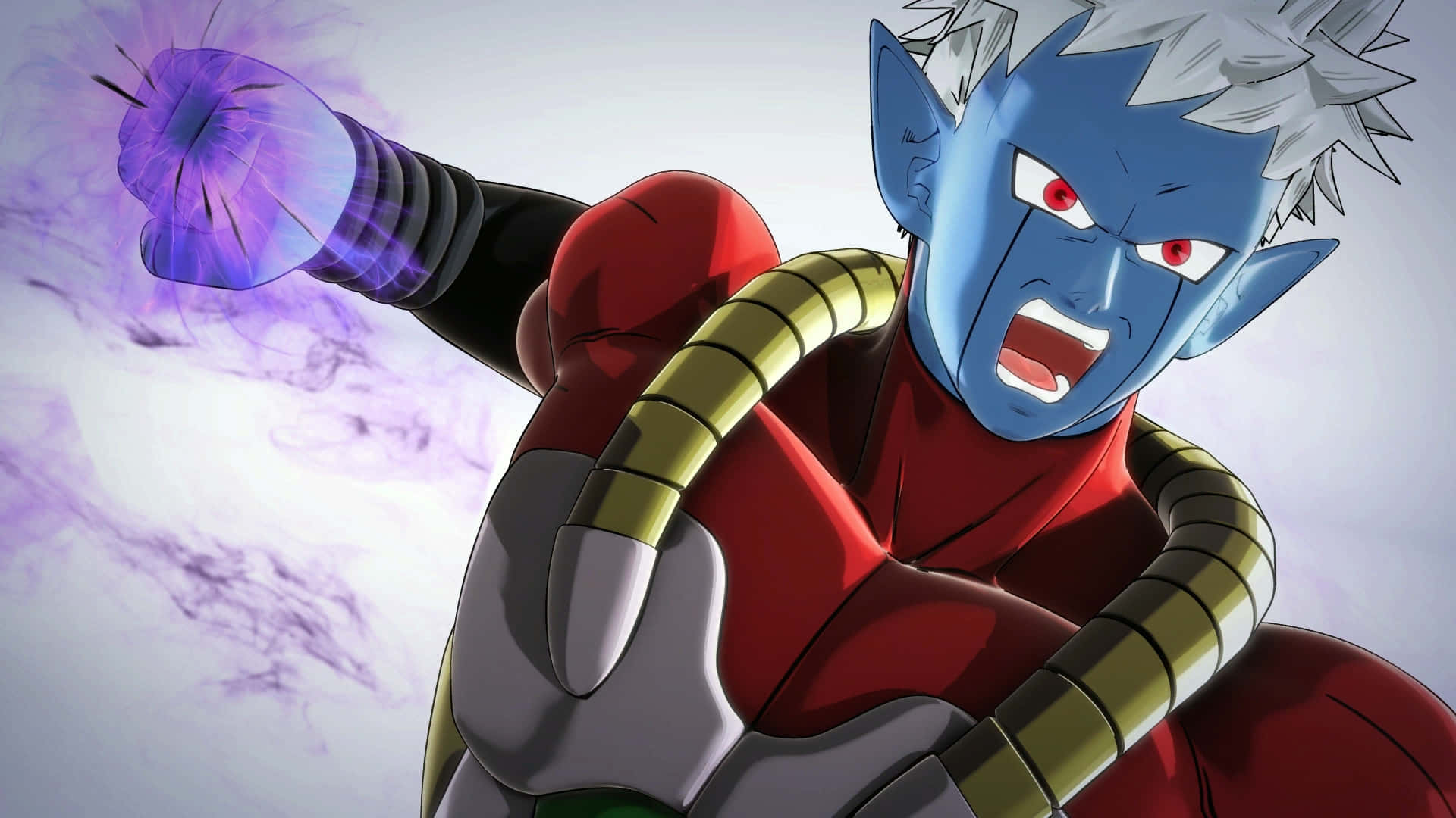 Dragon Ball Xenoverse 2 桌布 壁紙 — 一個藍皮膚、白髮紅眼的動漫戰士咆哮著向前揮出發光的紫色能量拳。