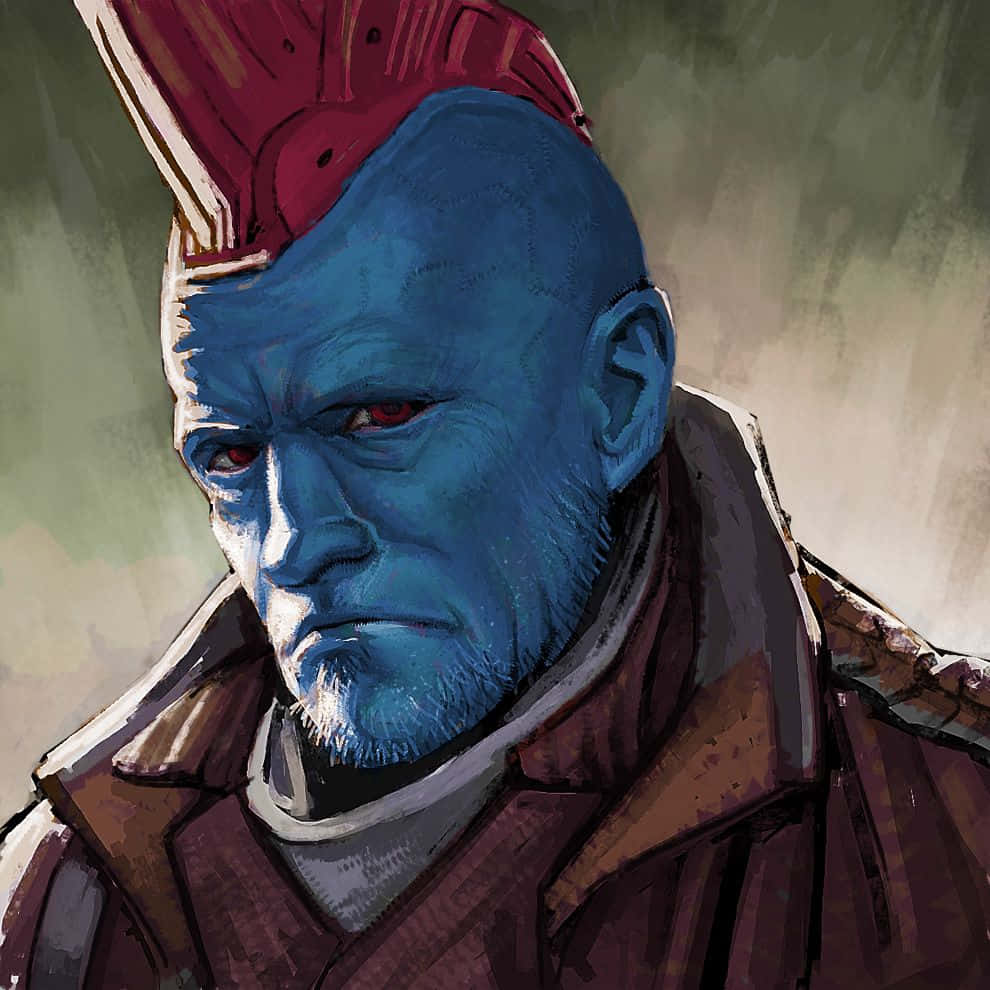 Yondu 桌布 壁紙 — 一個藍皮膚、紅眼睛、紅色莫西干頭的兇猛外星人，在粗糙的數碼藝術肖像中凝視着。