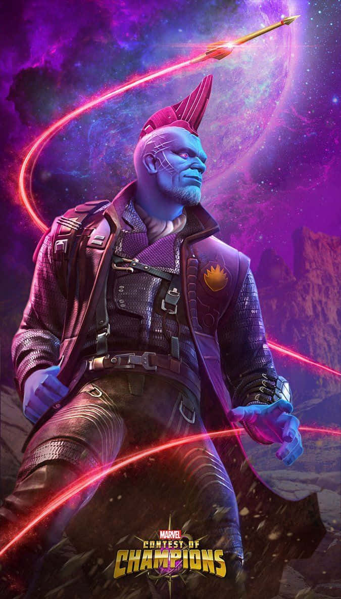 Yondu 桌布 壁紙 — 一個藍皮膚、紅色莫西干頭的宇宙戰士，在充滿活力的紫色星雲中射出一支發光的箭。