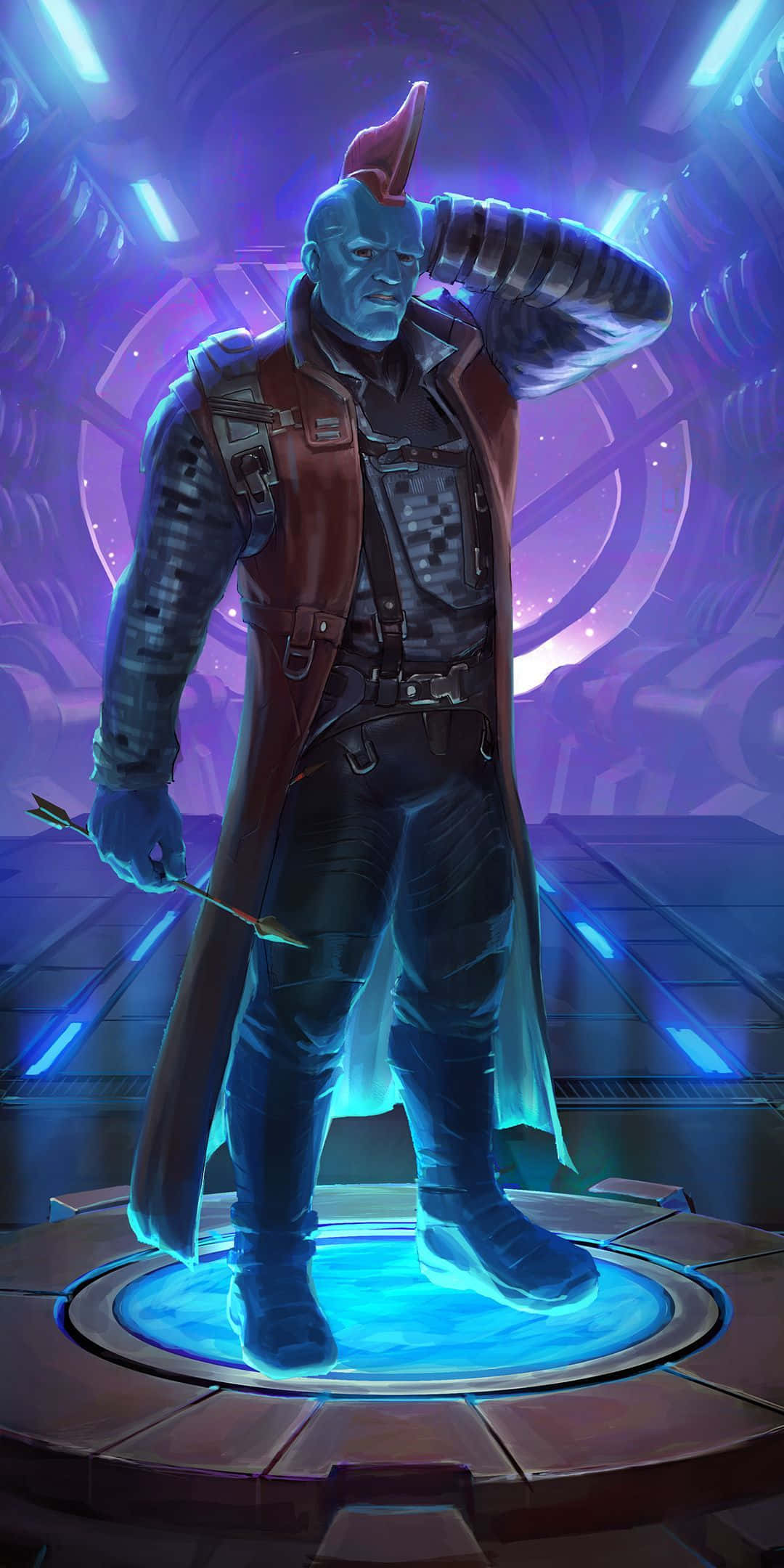 Yondu 桌布 壁紙 — 一個藍皮膚、紅色莫西干頭的異星人自信地站在發光的未來風格房間中，手持弓。