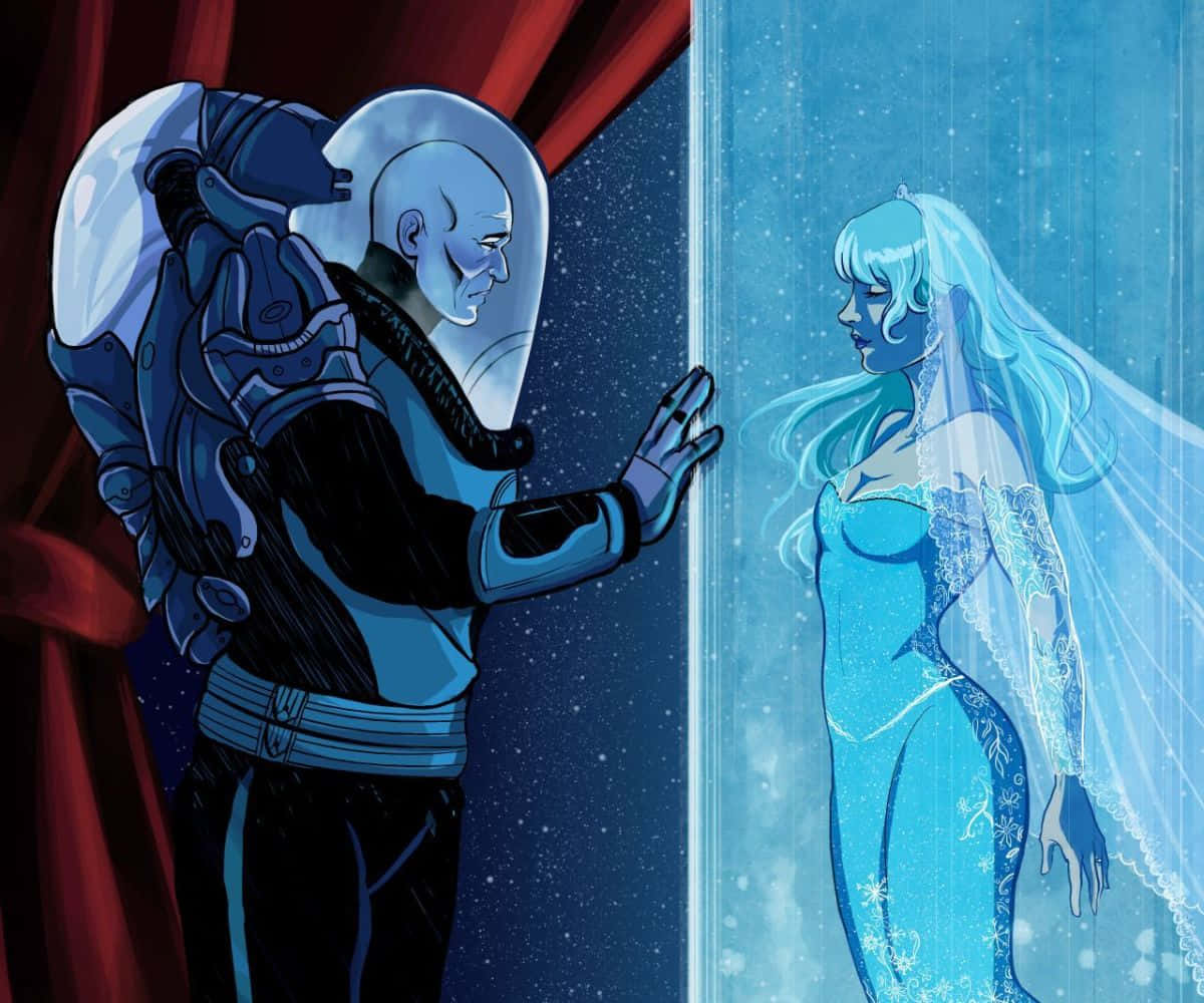 Mr Freeze 桌布 壁紙 — 一個藍皮膚嘅太空人穿著太空衣，伸手觸摸一道半透明屏障，屏障將佢同一個著住發光藍色婚紗嘅新娘分隔開。