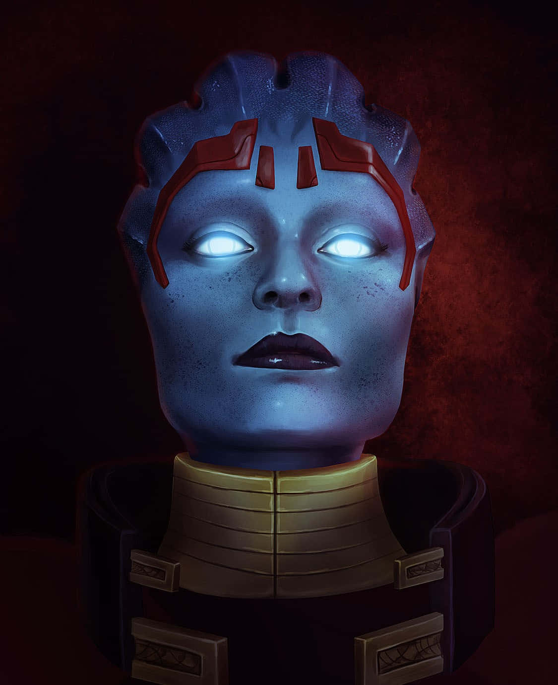 Mass Effect Samara 桌布 壁紙 — 一個藍皮膚外星人的特寫，擁有發光的白色眼睛和紅色頭部標記，背景是深紅色紋理背景。