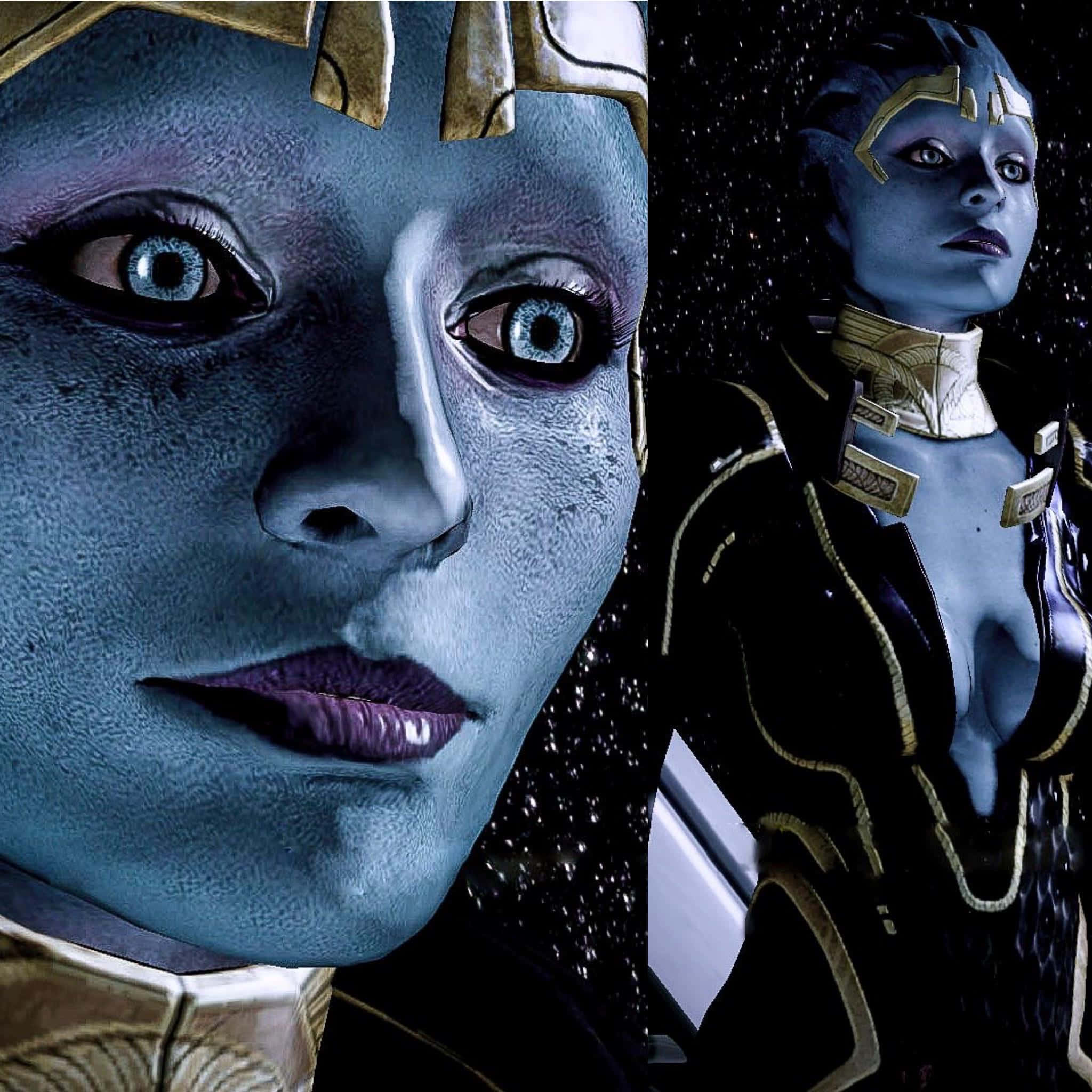 Mass Effect Samara 桌布 壁紙 — 一個藍皮膚外星女人的特寫，戴著金色頭飾和紫色嘴唇，背景是星空太空。