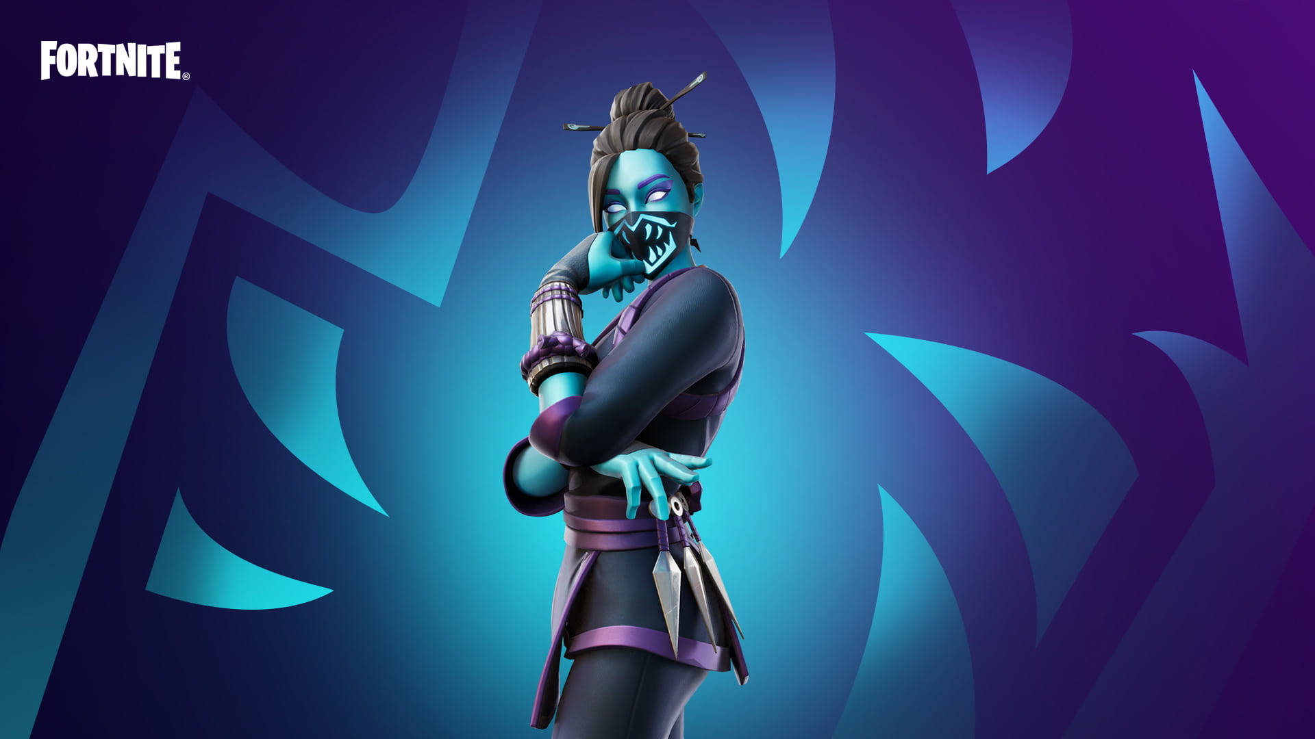 Fortnite 桌布 壁紙 — 一個藍皮膚的Fortnite角色，擁有鋒利的牙齒和紫色點綴，自信地站在風格化的藍色和紫色背景前。