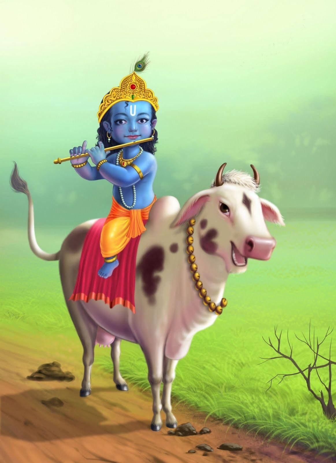 krishna god 桌布 壁紙 — 一個藍皮膚的兒童神祇戴著孔雀羽毛冠冕，騎著裝飾過的牛，在霧氣瀰漫的綠色田野中吹奏長笛。