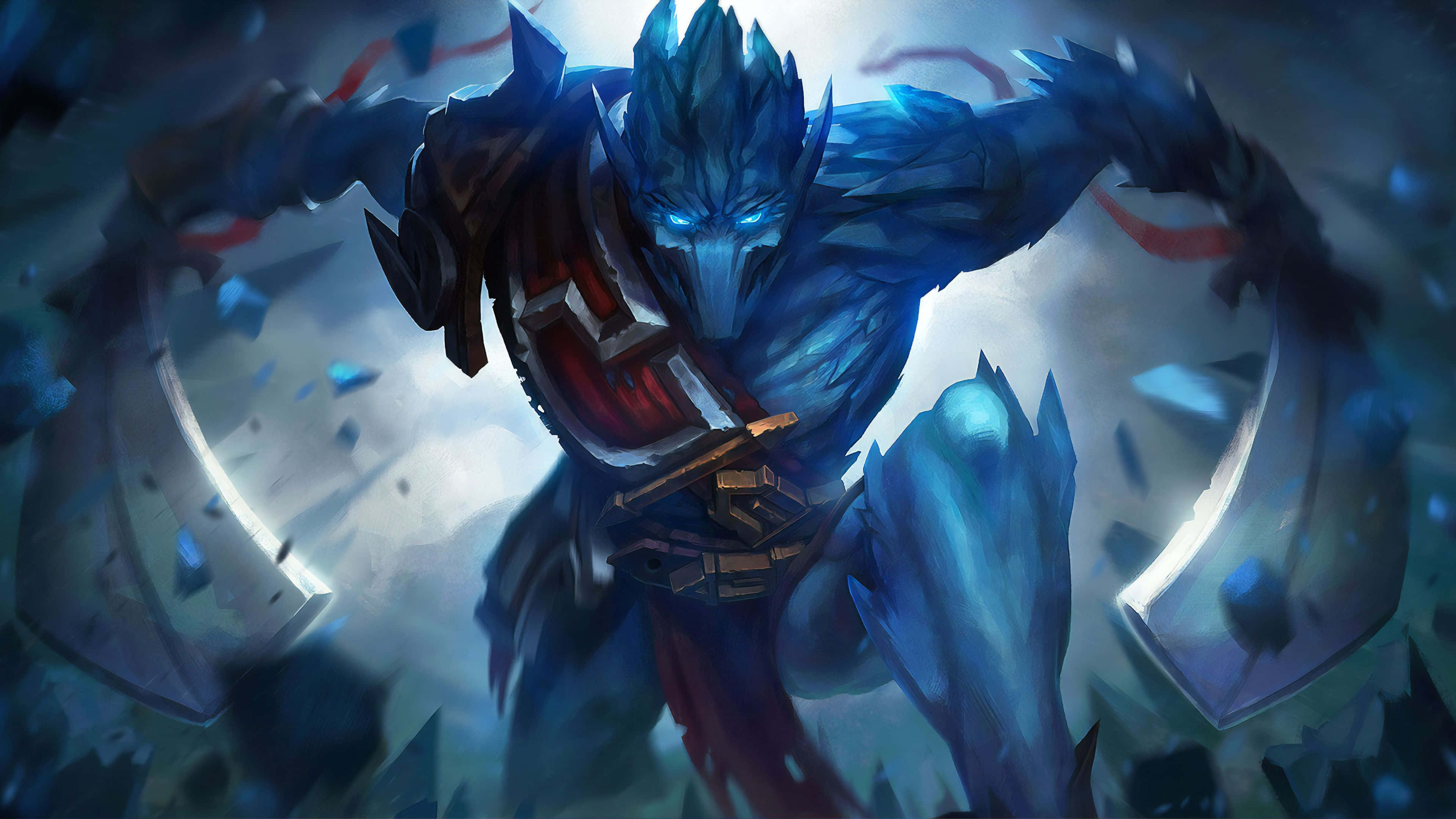 Online Games 桌布 壁紙 — 一個藍皮膚的冰戰士，雙眼發光，在破碎的冰塊和旋轉的迷霧中揮舞著巨大的彎曲刀刃。