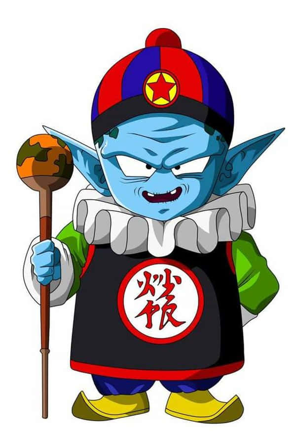 Emperor Pilaf 桌布 壁紙 — 一個藍皮膚的動漫角色，尖耳朵，戴著紅藍帽子，黑色圍裙上有紅色漢字，手持頂端有地球儀的木杖。