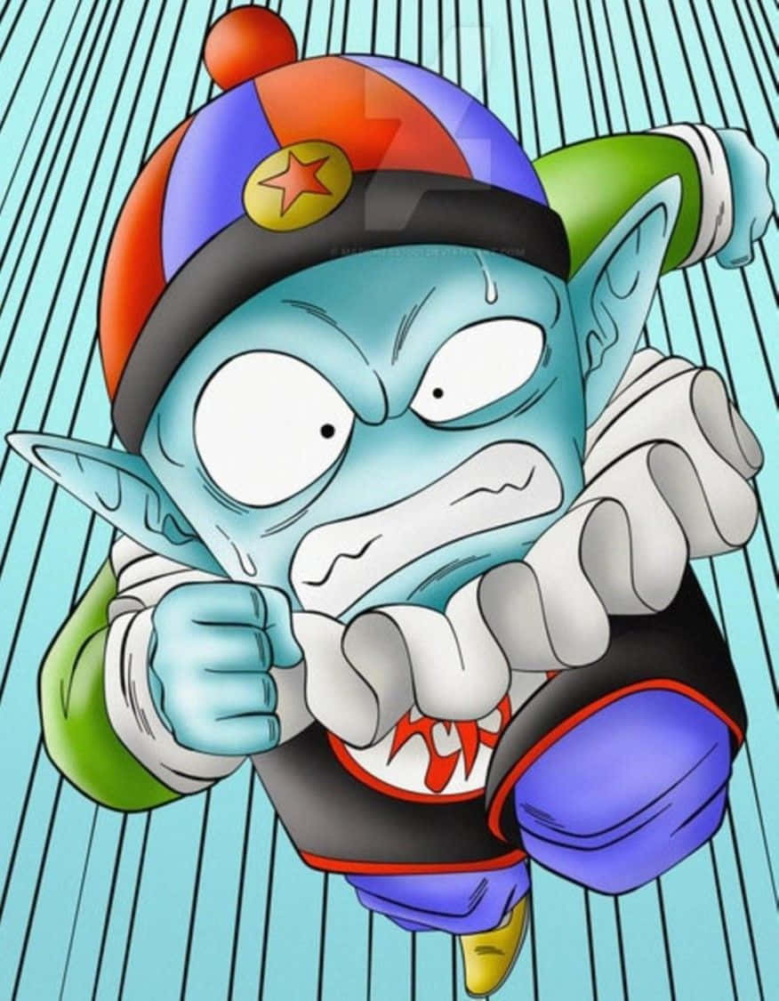 Emperor Pilaf 桌布 壁紙 — 一個藍皮膚的動漫角色，戴著星星帽和纏著繃帶的拳頭，帶著憤怒的表情在條紋背景前衝鋒。