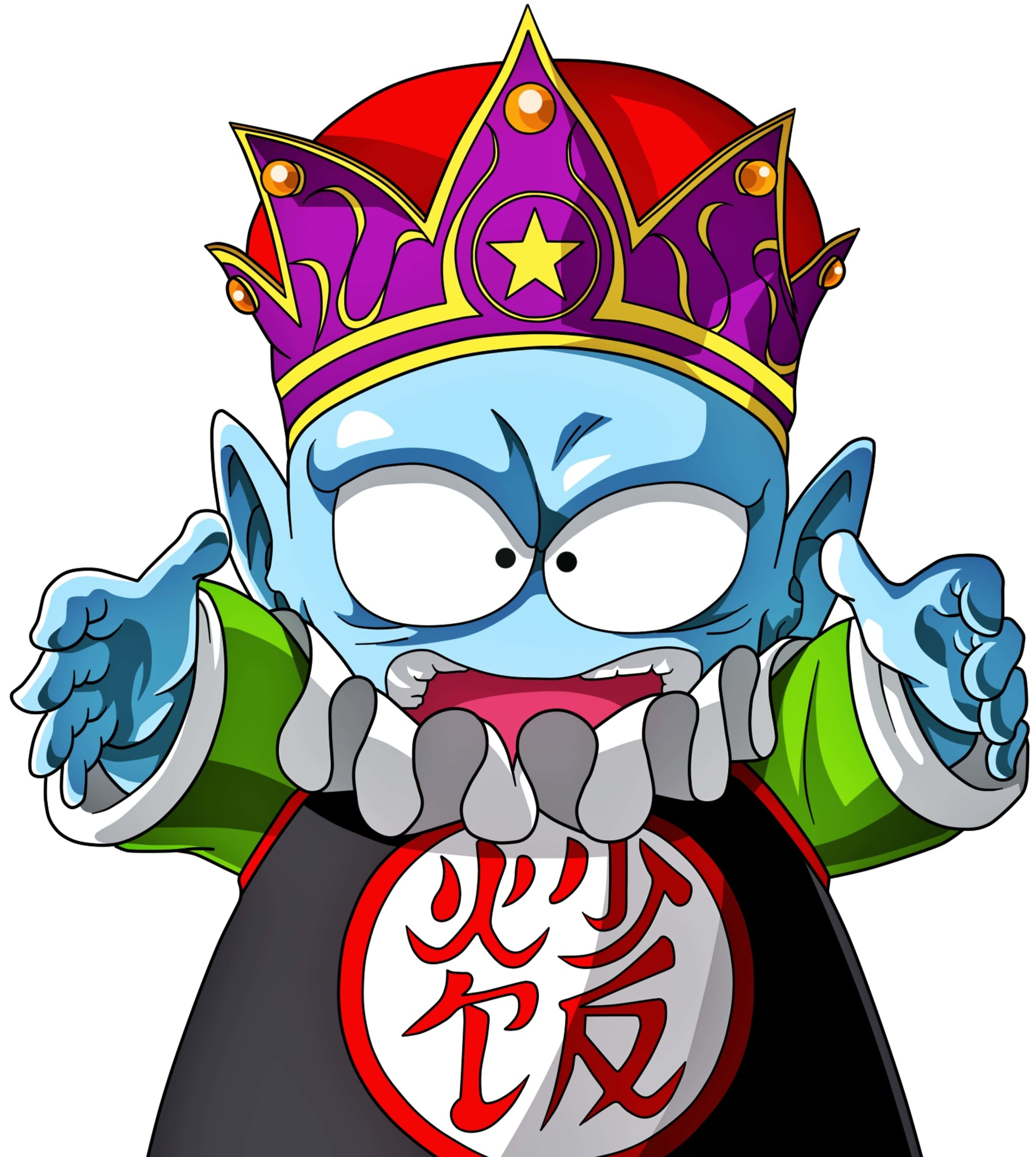 Emperor Pilaf 桌布 壁紙 — 一個藍皮膚的動漫角色，戴著紫色皇冠和綠色袖子，緊握著一個帶有日文字符的紅白圓形徽章。