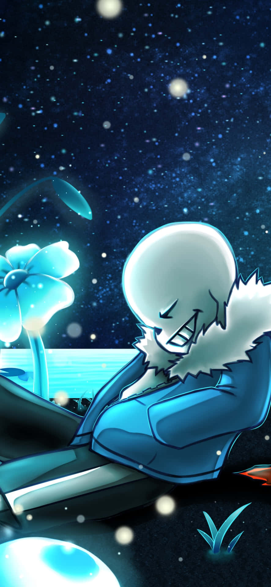 Undertale Phone 桌布 壁紙 — 一個藍皮膚的動漫角色穿著毛茸茸的領子，坐在星空下，旁邊是發光的花朵。