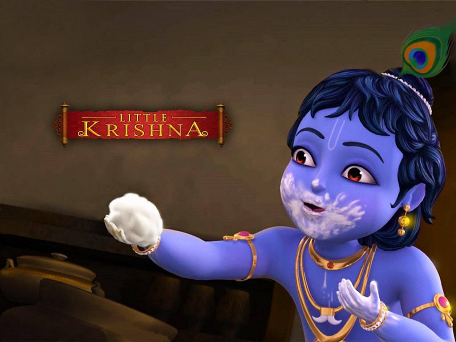 krishna god 桌布 壁紙 — 一個藍皮膚的動畫小孩，頭髮上有孔雀羽毛，戴著金飾，頑皮地拿著一個白色球。
