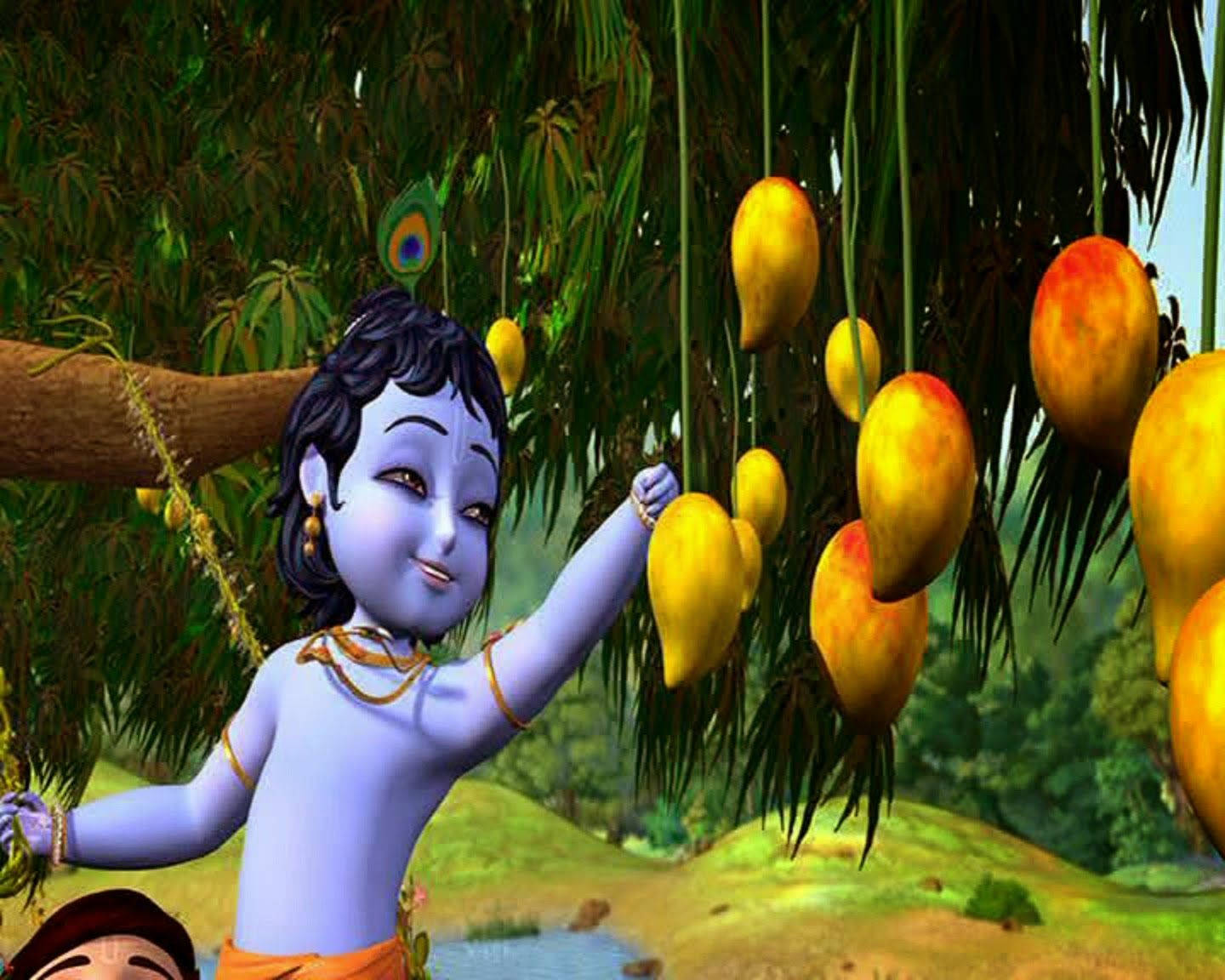 krishna god 桌布 壁紙 — 一個藍皮膚的動畫小孩伸手去摘掛在茂密綠樹上的成熟芒果，背景是充滿活力的叢林環境。