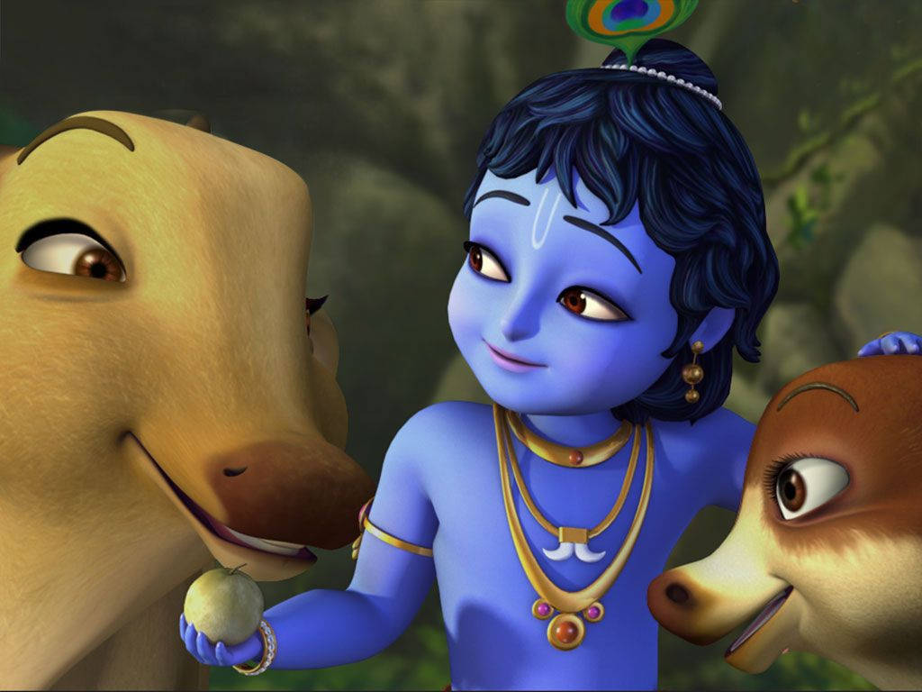 krishna god 桌布 壁紙 — 一個藍皮膚的動畫小孩戴著孔雀羽毛王冠，在森林中與兩隻微笑的鹿分享水果。