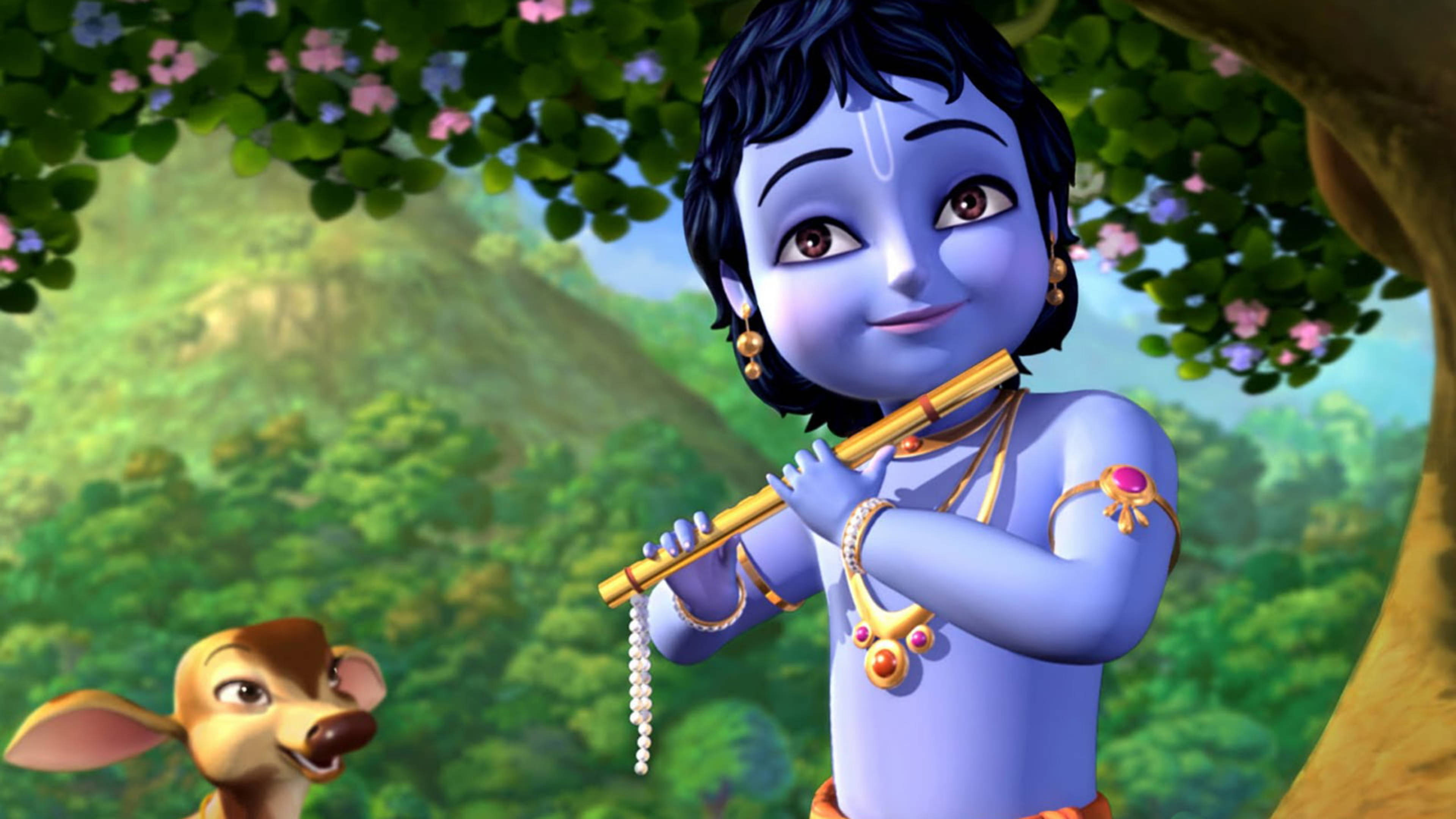 krishna ji 桌布 壁紙 — 一個藍皮膚的動畫男孩在開花的樹下吹笛子，一隻鹿好奇地看著。