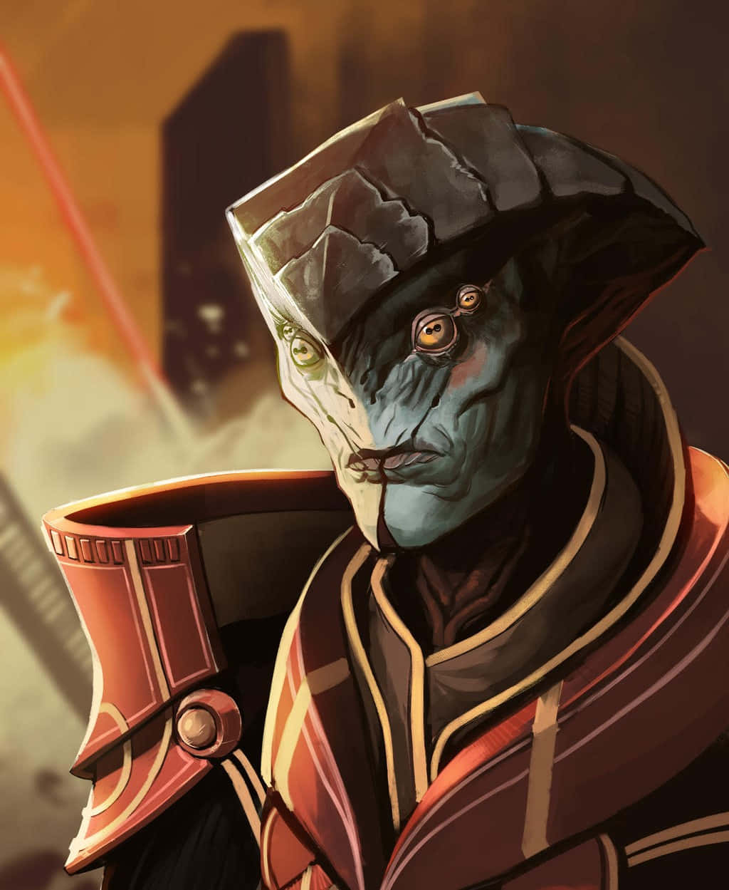 Mass Effect Javik 桌布 壁紙 — 一個藍皮膚的外星人，戴著破裂的頭盔，眼睛發光，在一個燃燒的、戰火摧殘的城市環境中專注地凝視。