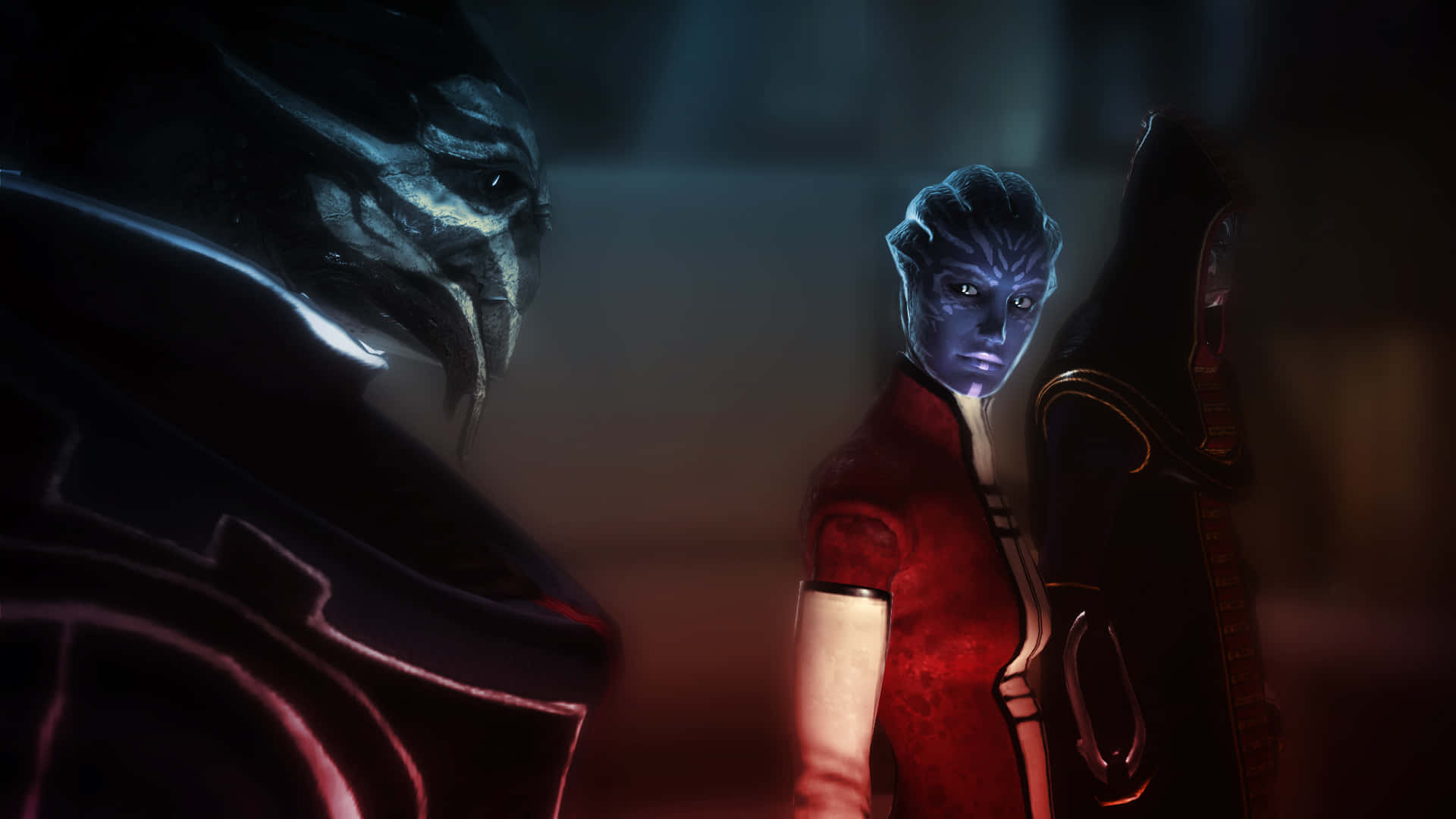 Mass Effect Characters 桌布 壁紙 — 一個藍皮膚的外星人身穿紅色服裝，在昏暗陰沉的科幻場景中緊張地站在一個陰影裝甲人物旁邊。