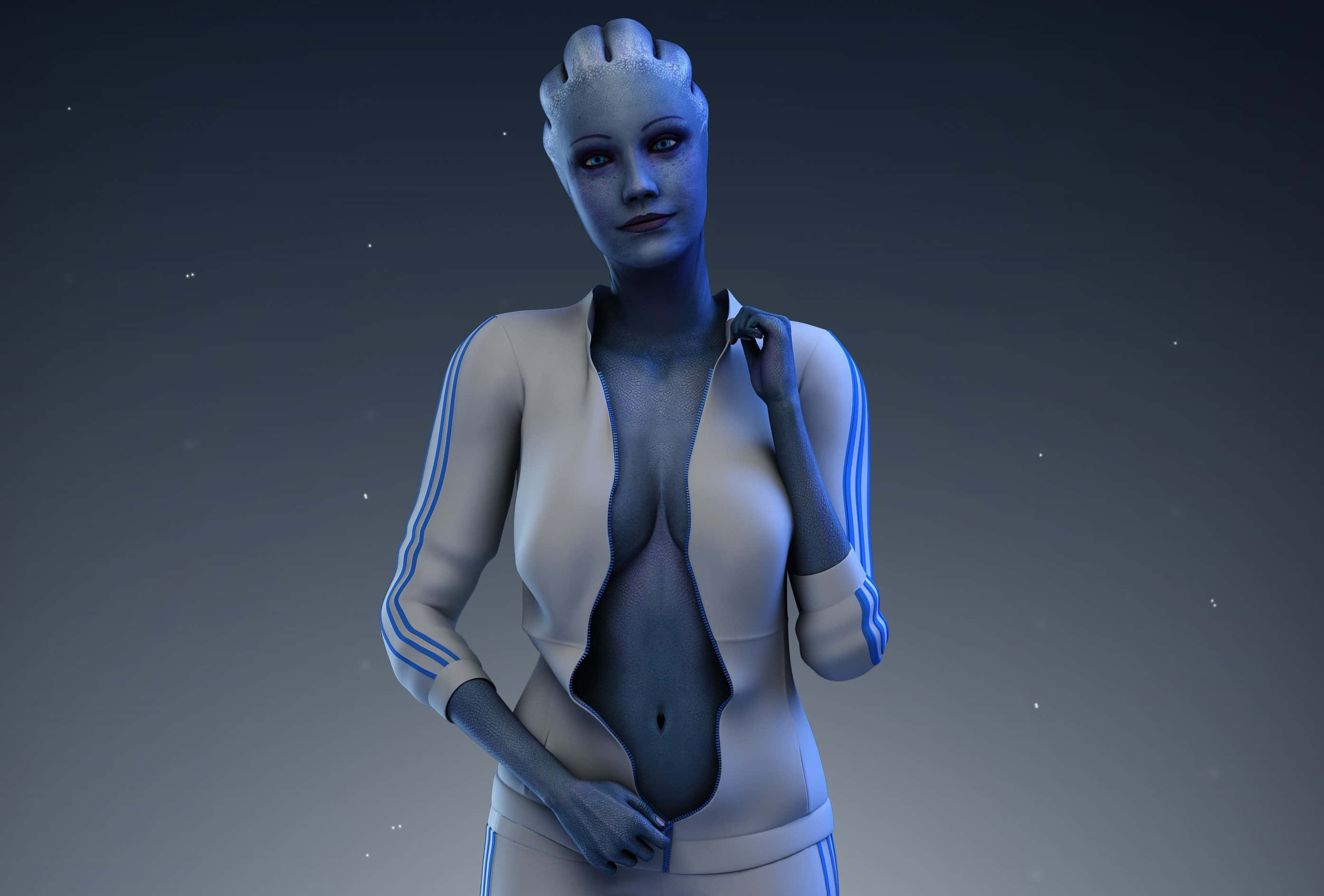 Liara T'soni 桌布 壁紙 — 一個藍皮膚的外星女人穿著帶有藍色條紋的白色運動服，在星光閃爍的黑暗背景前拉開上衣拉鍊。