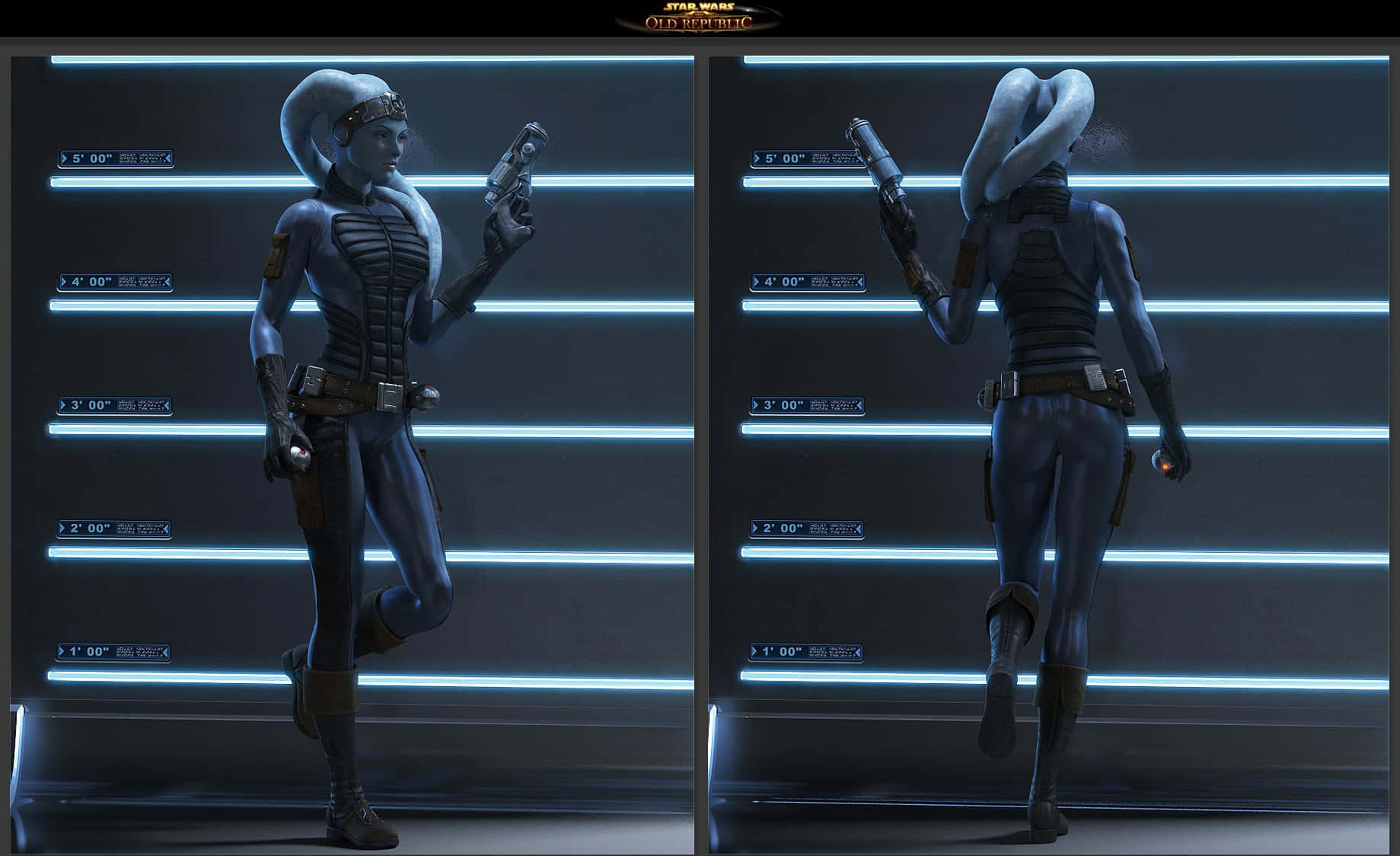Twi'lek 桌布 壁紙 — 一個藍皮膚的外星女人穿著未來風格的盔甲，自信地拿著一把雷射槍，背景是發光的藍色條紋牆。