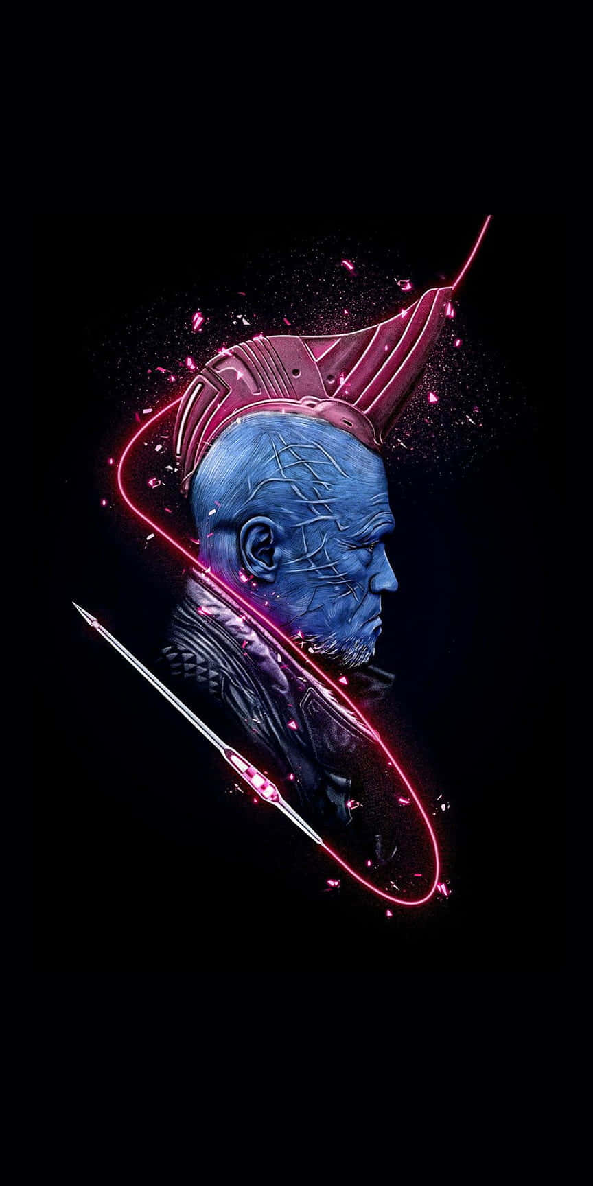 Yondu 桌布 壁紙 — 一個藍皮膚的外星戰士側面，帶有發光的粉紅色能量線條和火花，背景為黑色。