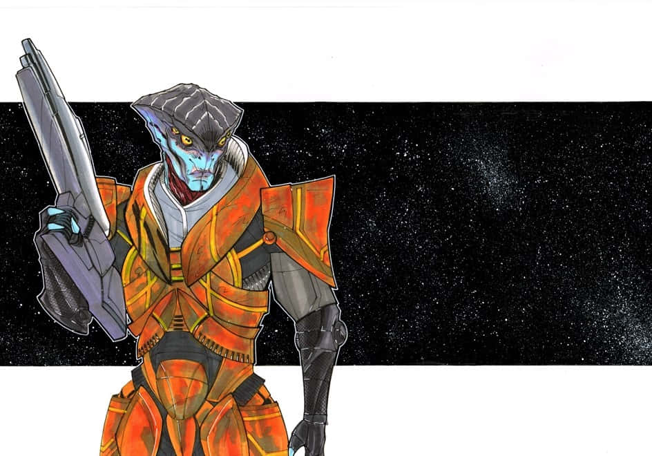 Mass Effect Javik 桌布 壁紙 — 一個藍皮膚的外星戰士穿著橙色盔甲，在星光閃爍的太空背景下手持未來武器。