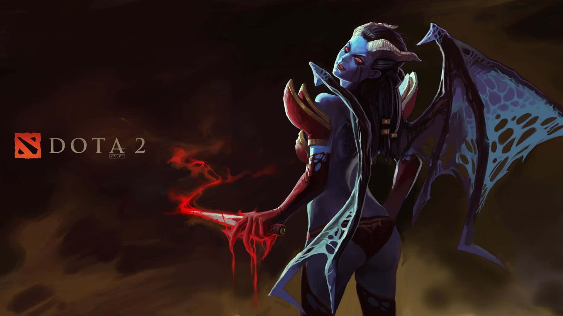 Dota 桌布 壁紙 — 一個藍皮膚的惡魔女戰士，擁有蝙蝠般的翅膀，在黑暗煙霧背景下揮舞著沾滿鮮血的刀刃。