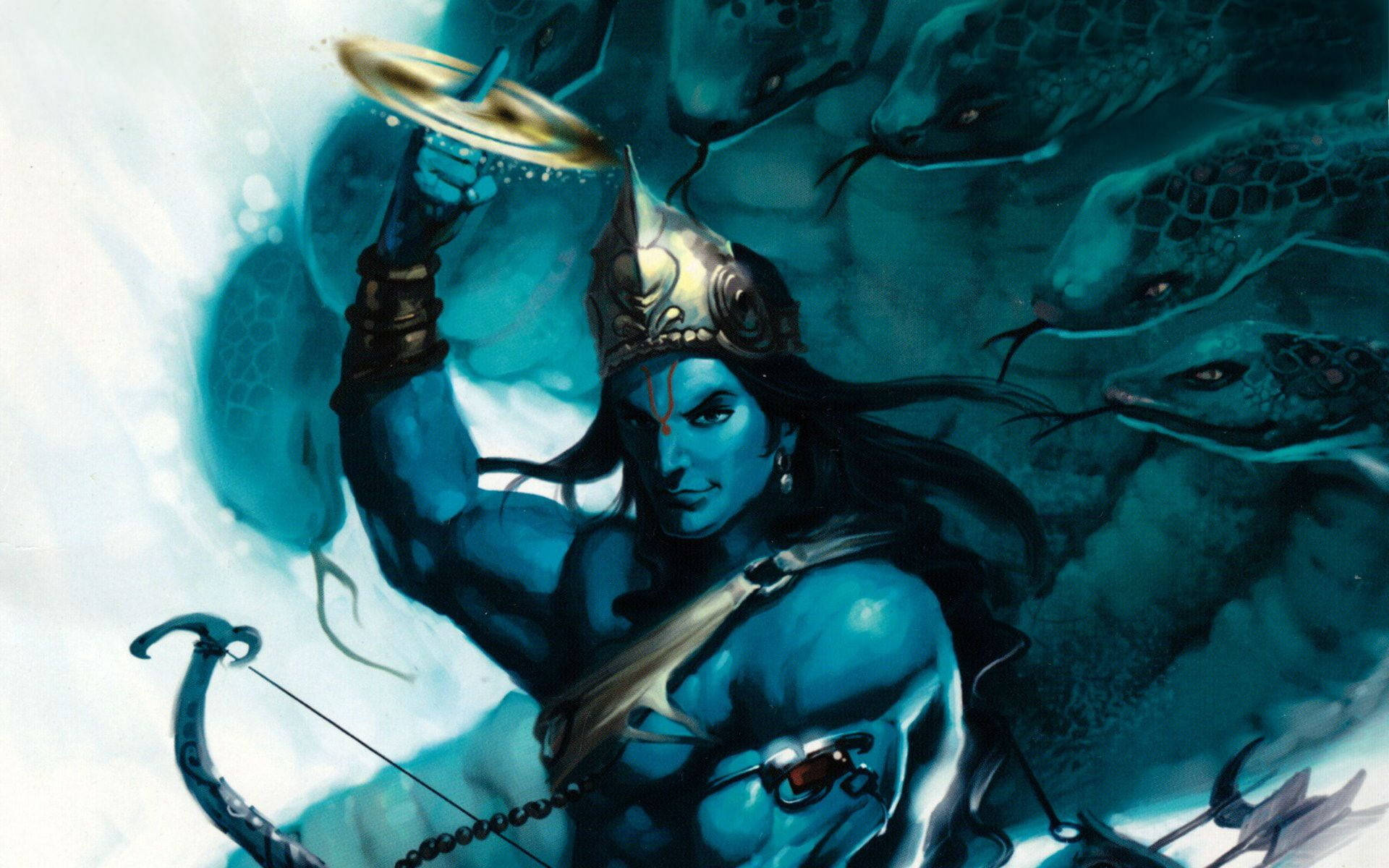 Vishnu 桌布 壁紙 — 一個藍皮膚的戰士戴著皇冠、手持弓箭，在風暴般的青綠色和白色場景中，身後盤繞著巨蛇，他挑釁地站立著。
