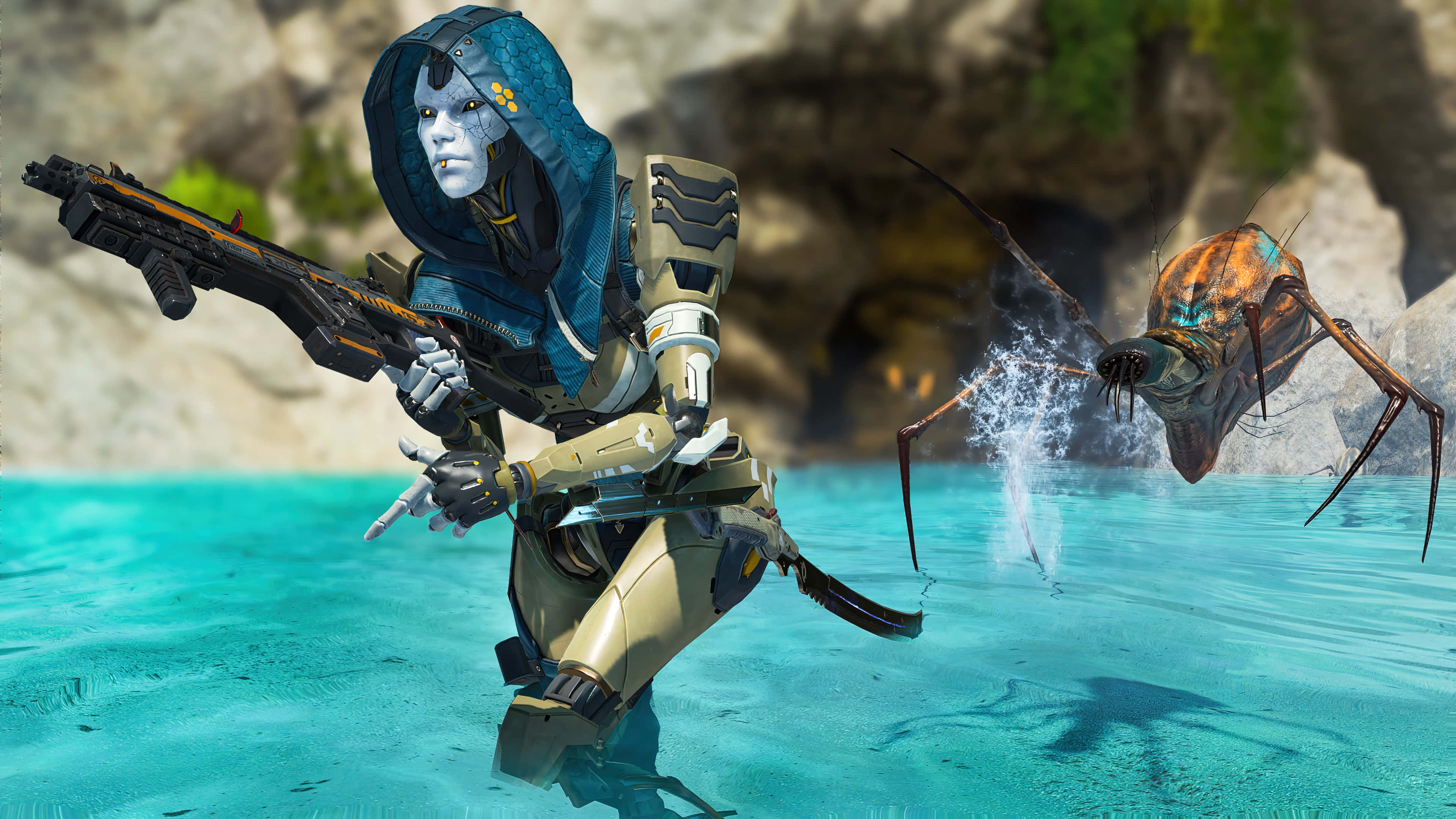 Apex Legends Characters 桌布 壁紙 — 一個藍皮膚的戰士穿著未來風格的盔甲，涉過藍綠色的水，用武器瞄準一隻大型昆蟲狀生物。