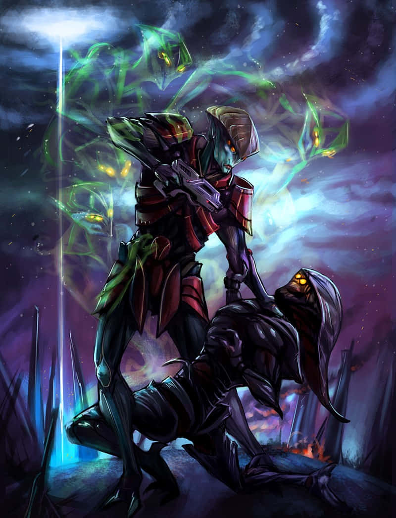 Mass Effect Javik 桌布 壁紙 — 一個藍皮膚的戰士身穿紅色盔甲，在暴風雨般的紫色天空下，挑釁地對抗發光的綠色幽靈敵人。