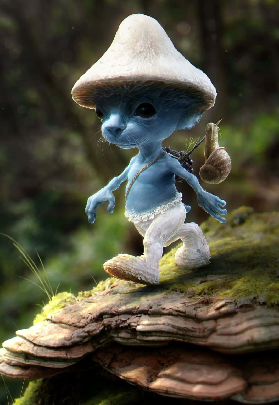 Kawaii Mushroom 桌布 壁紙 — 一個藍皮膚的森林生物戴著蘑菇帽，在長滿苔蘚的木頭上行走，背著蝸牛殼。