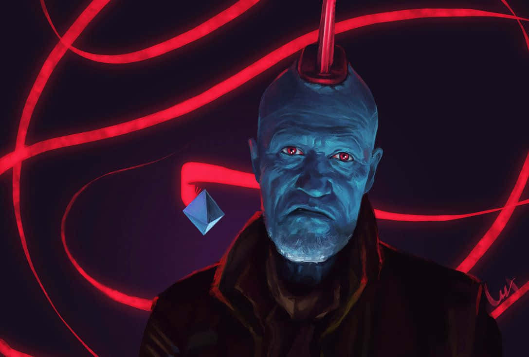 Yondu 桌布 壁紙 — 一個藍皮膚的男人，紅眼睛和紅色天線，在黑暗背景中強烈凝視，背景有發光的紅色能量線和一個漂浮的藍色寶石。