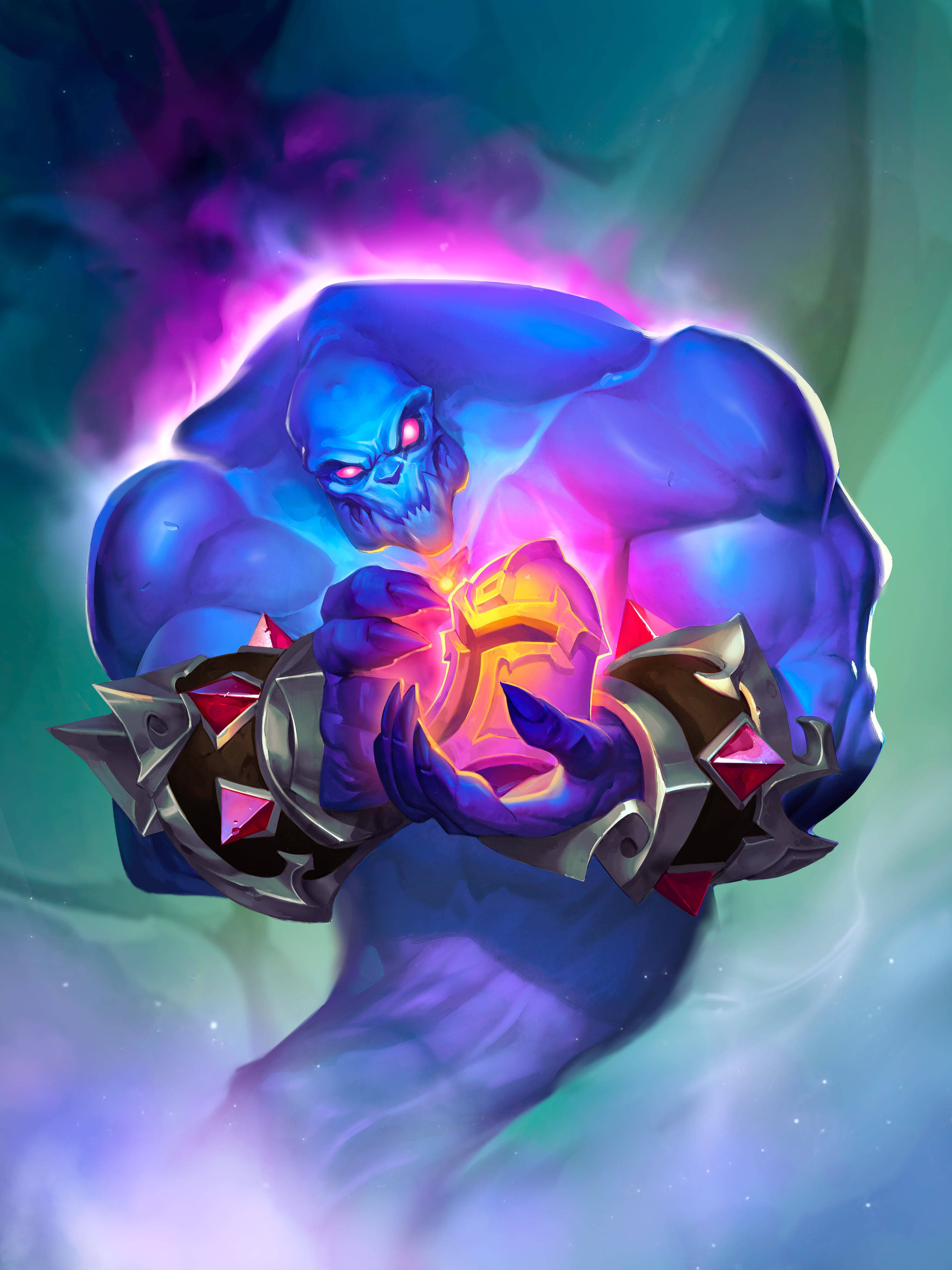 hearthstone phone 桌布 壁紙 — 一個藍皮膚的骷髏巨人，雙眼發出紅光，在旋轉的紫色和藍綠色能量中緊握一個發光的金色神器。