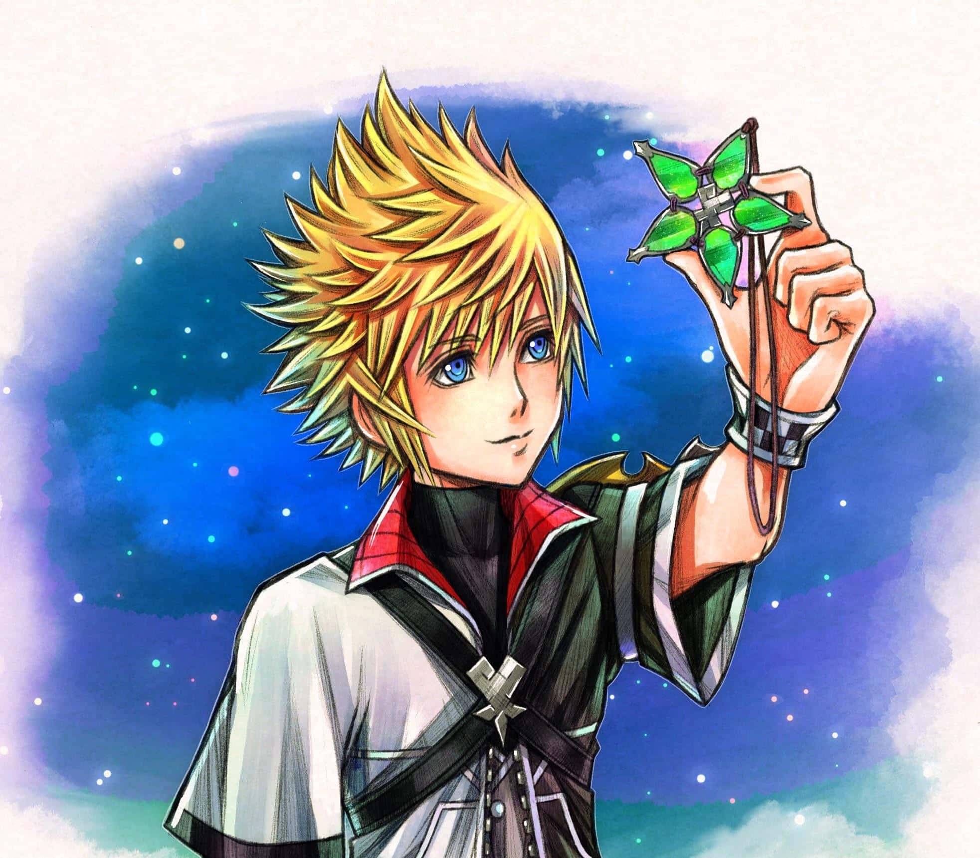 Kingdom Hearts Ventus 桌布 壁紙 — 一個藍眼刺蝟頭的動漫男孩在星光璀璨的暮色天空中拿著一個綠色鑰匙狀物體。