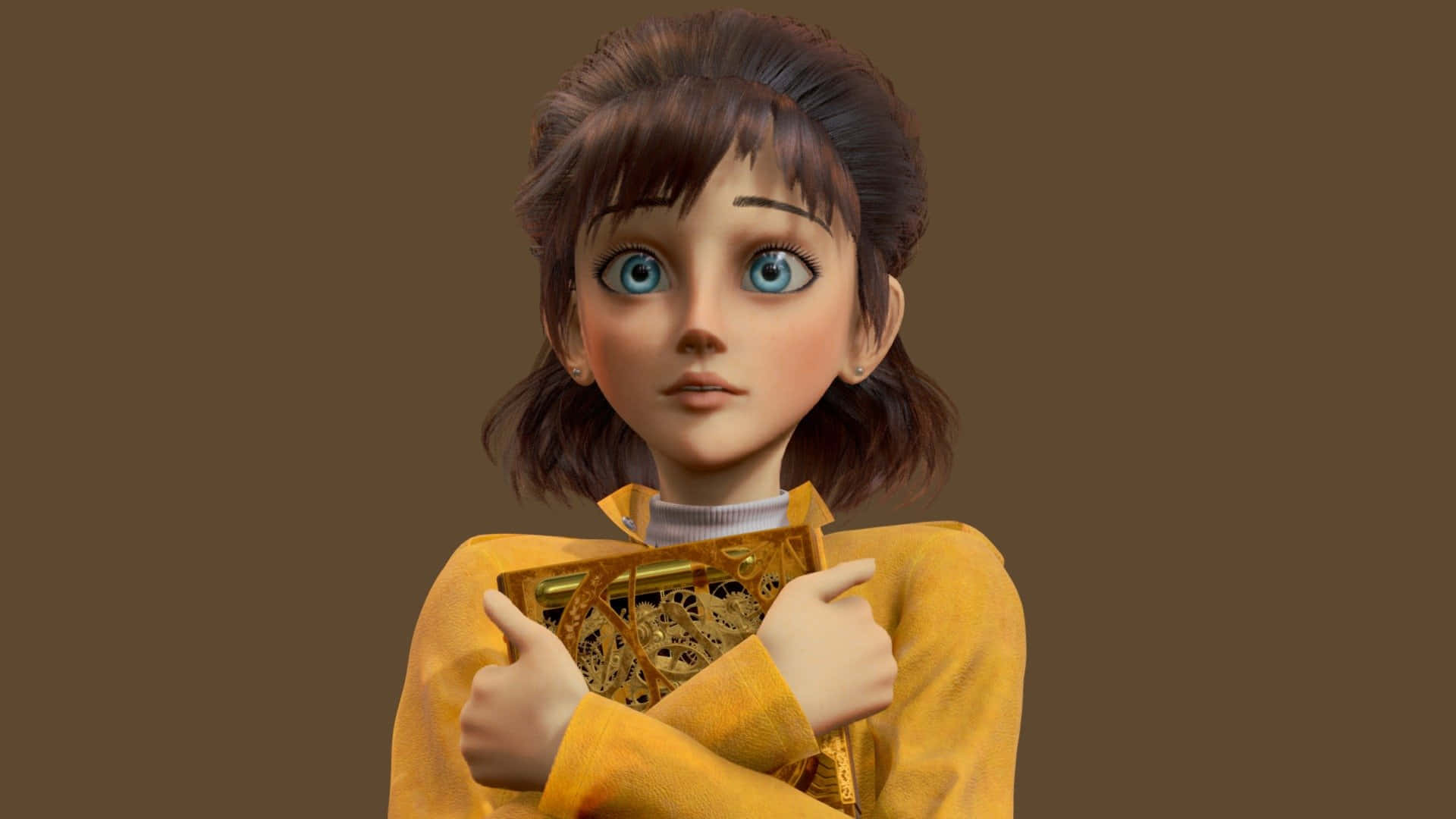 Lupin Iii Laetitia Bresson 桌布 壁紙 — 一個藍眼睛、棕色頭髮的年輕女孩，在純棕色背景前拿著一本金色裝飾書。