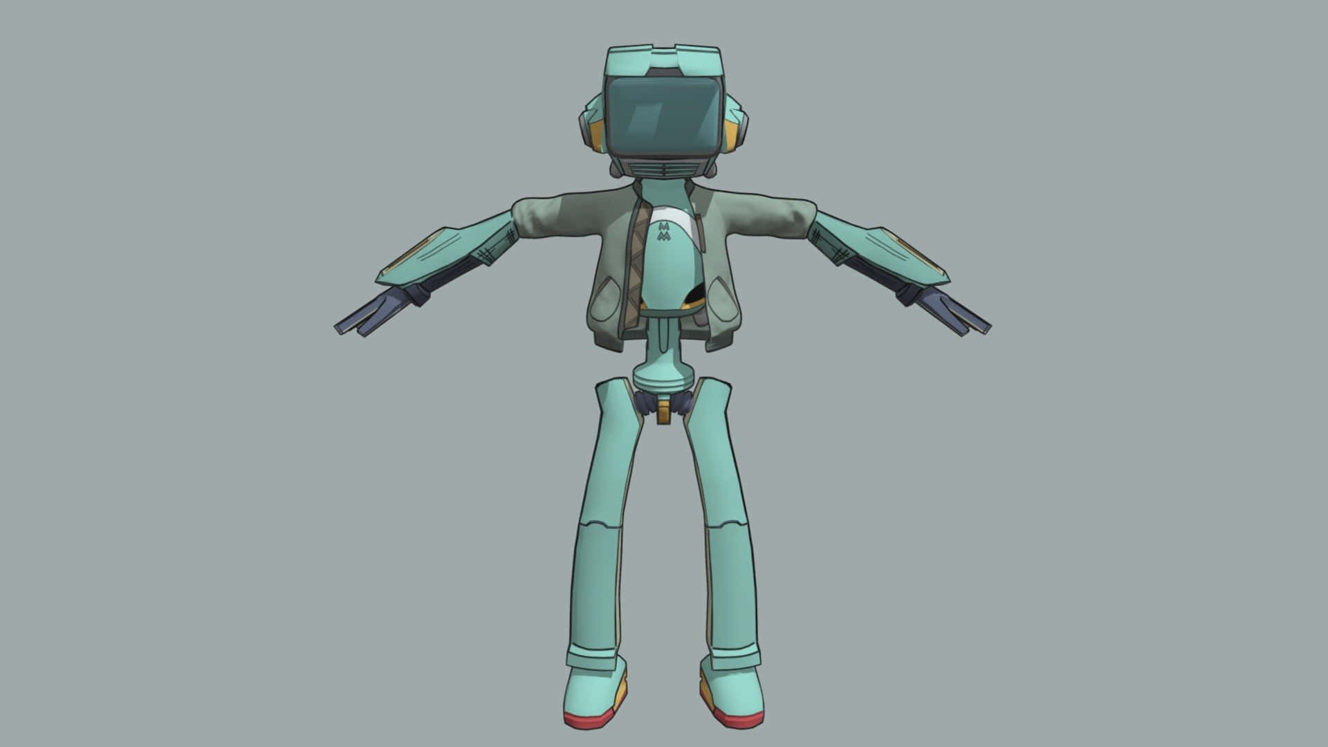 Flcl Canti 桌布 壁紙 — 一個藍綠色和灰色的人形機械人，方形頭部，雙臂伸展，站在純灰色背景前。