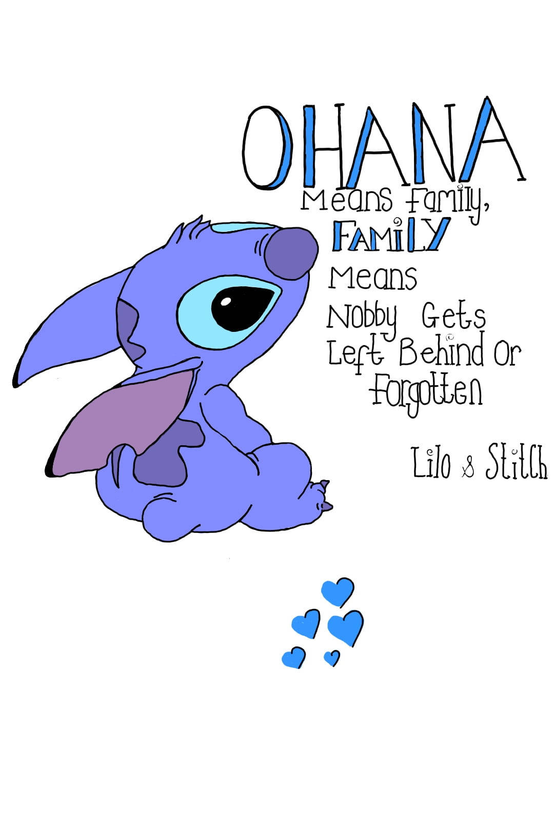 莉洛與史迪奇 桌布 壁紙 — 一個藍色卡通外星人，有大眼睛，坐在解釋「Ohana 意思是家人」的文字旁邊，有漂浮的心形。