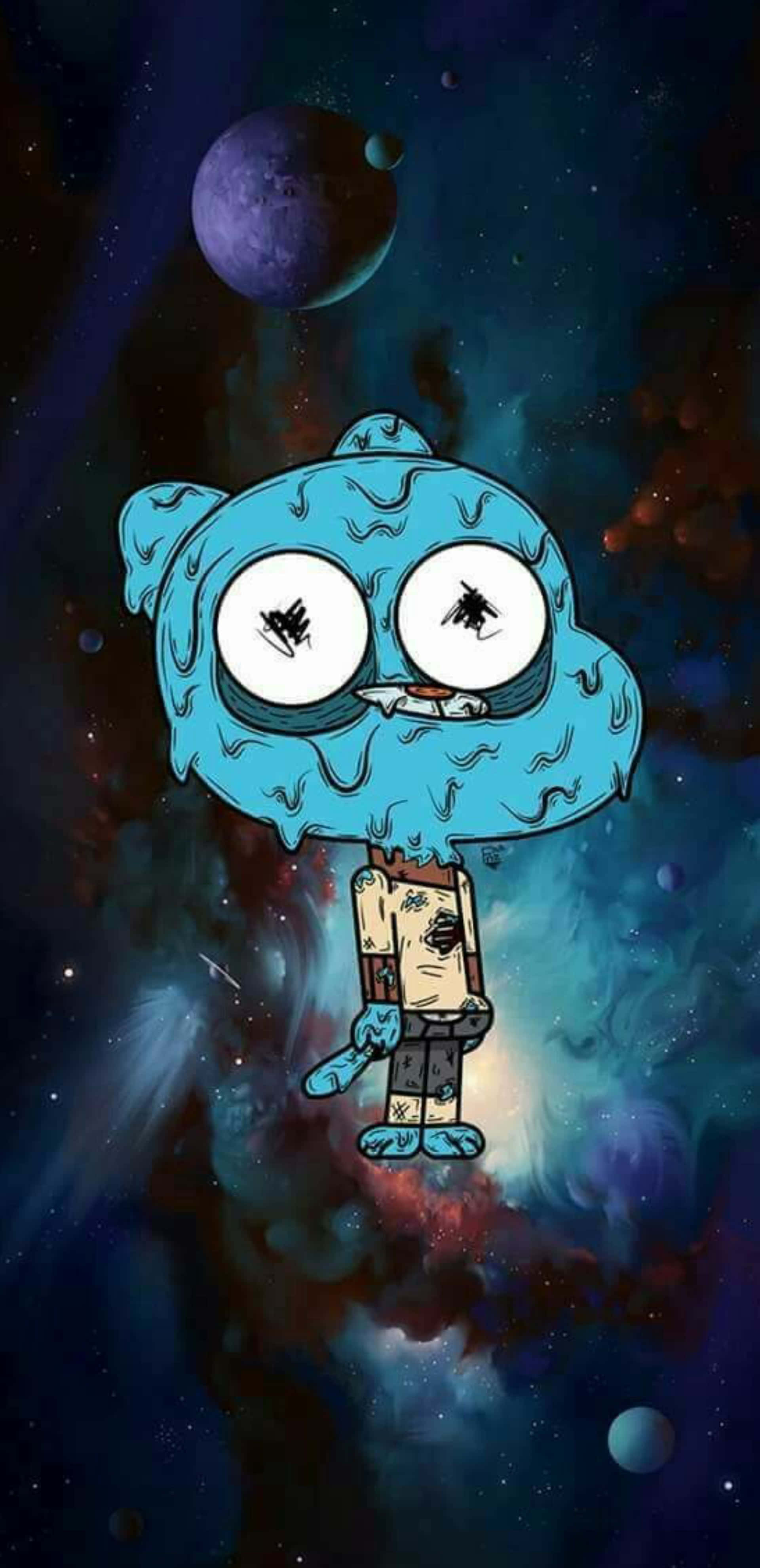 the amazing world of gumball 桌布 壁紙 — 一個藍色卡通角色，眼睛寬大，漂浮在充滿行星和星雲的彩色宇宙空間中。