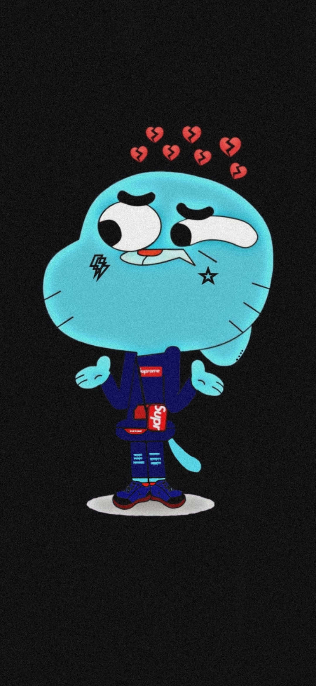 the amazing world of gumball 桌布 壁紙 — 一個藍色卡通角色，頭頂有破碎的心形圖標，站在黑色背景前，穿著Supreme外套。