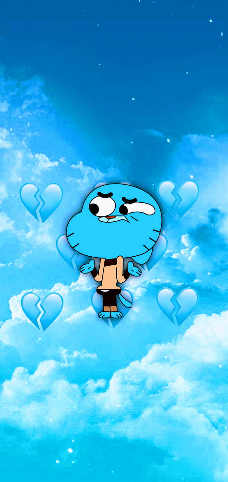 the amazing world of gumball 桌布 壁紙 — 一個藍色卡通角色在晴朗藍天與 fluffy 雲朵中，悲傷地漂浮在破碎的心之間。