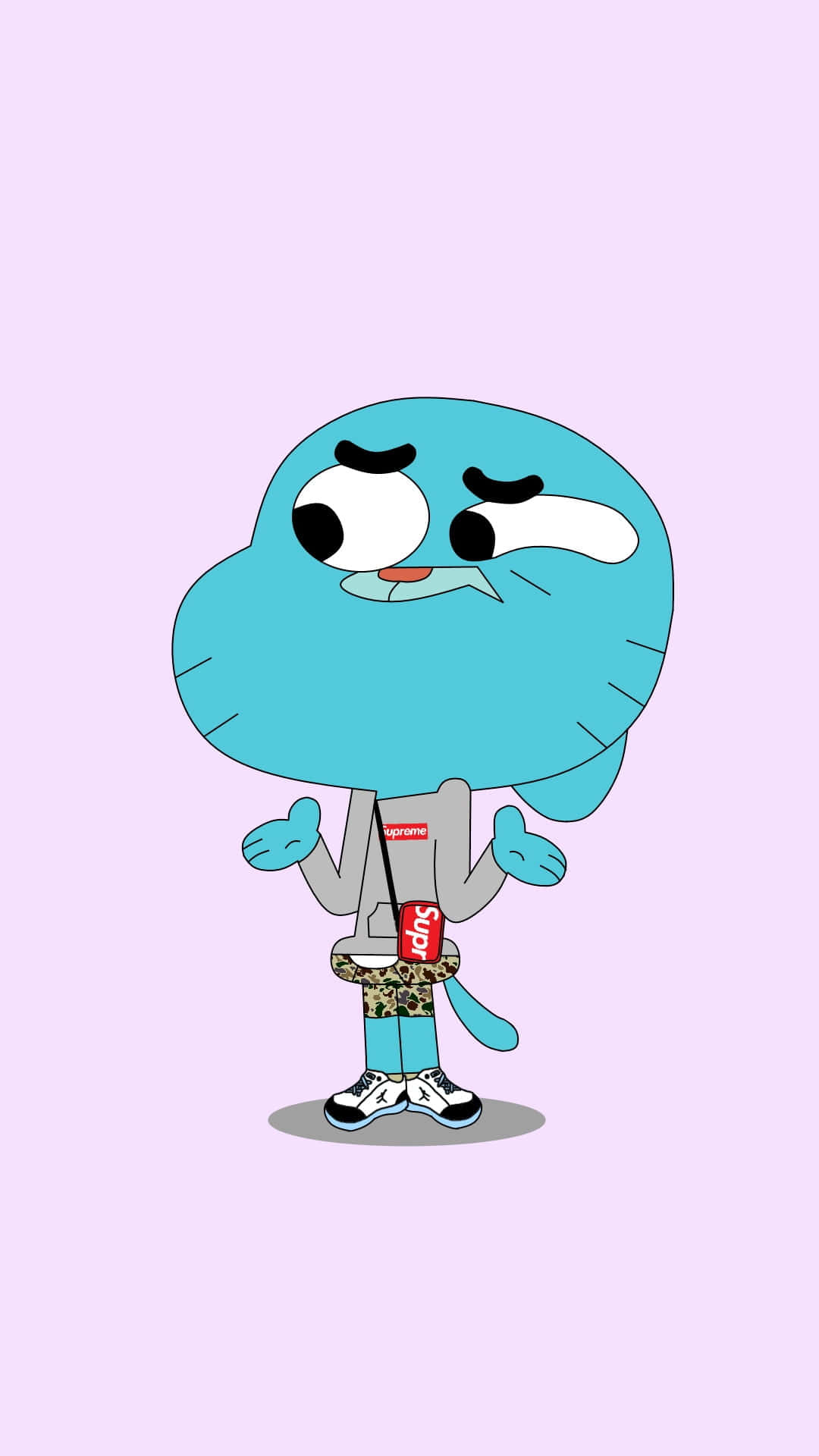 the amazing world of gumball 桌布 壁紙 — 一個藍色卡通角色帶着不悅的表情，穿着灰色連帽衫和Supreme袋，背景是柔和的薰衣草色。